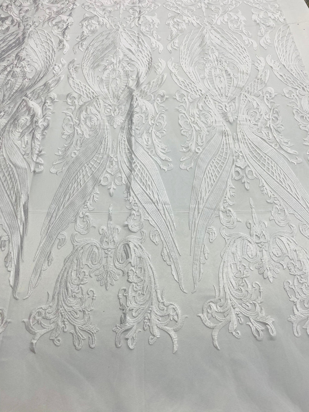 Lace Fabric - White - Fancy Damask Pattern Sequins Design Fashion Fabric