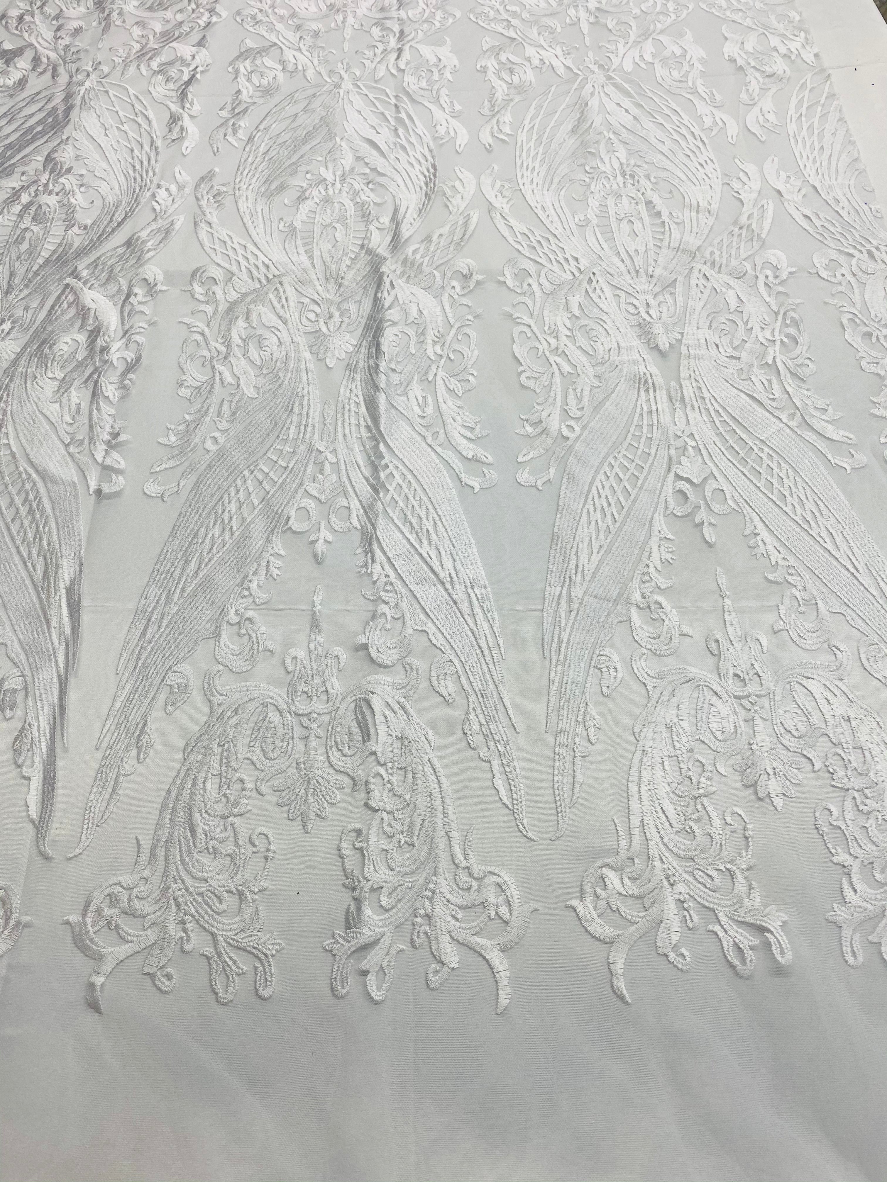 Lace Fabric - White - Fancy Damask Pattern Sequins Design Fashion Fabric