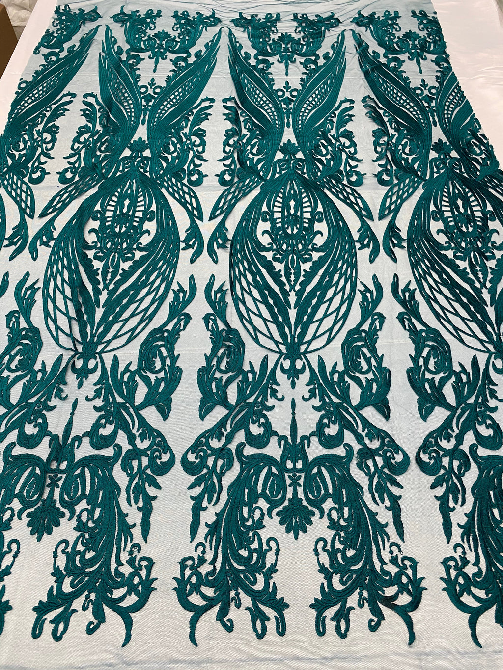 Lace Fabric - Teal - Fancy Damask Pattern Sequins Design Fashion Fabric