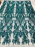 Lace Fabric - Teal - Fancy Damask Pattern Sequins Design Fashion Fabric