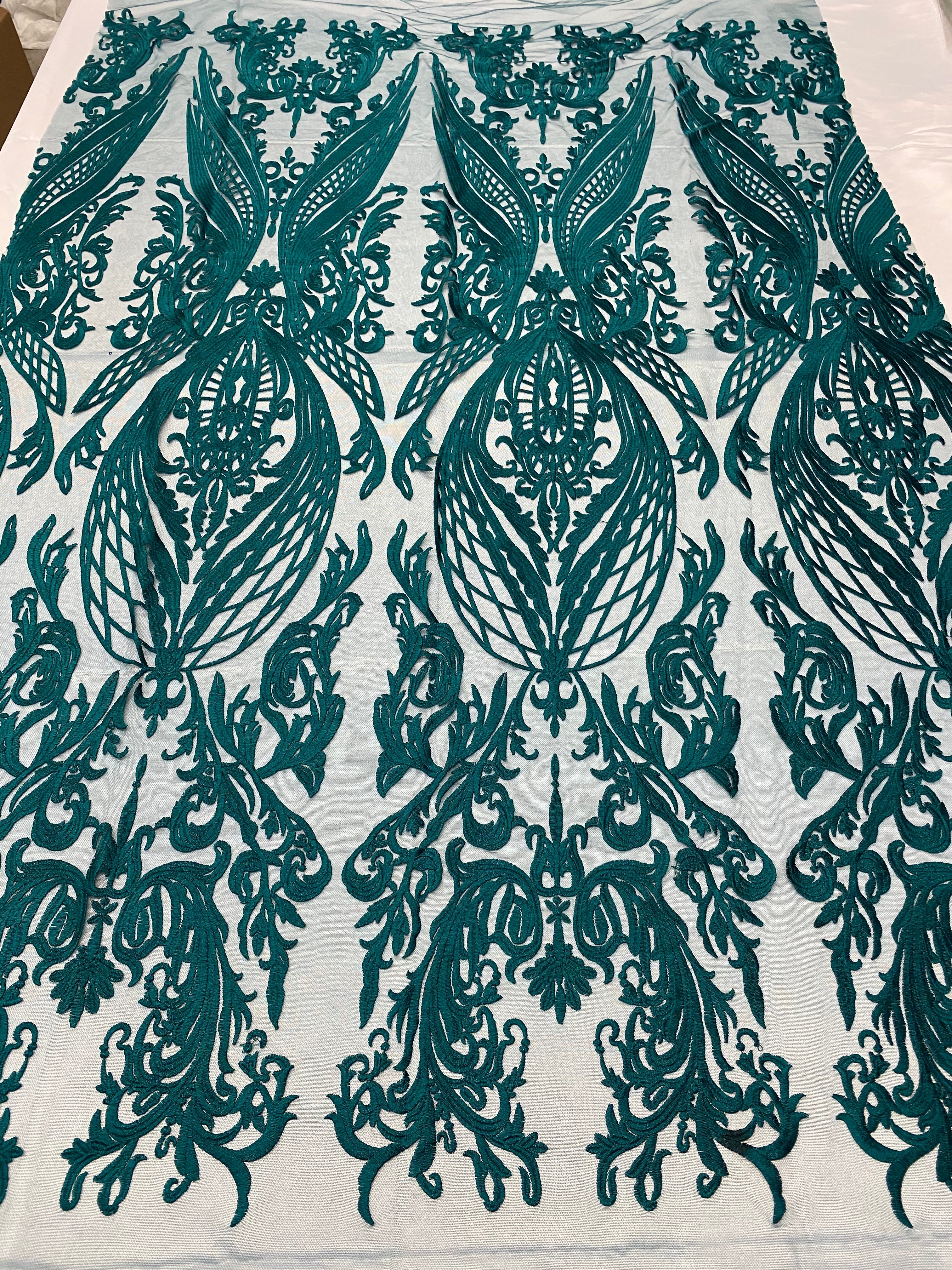 Lace Fabric - Teal - Fancy Damask Pattern Sequins Design Fashion Fabric