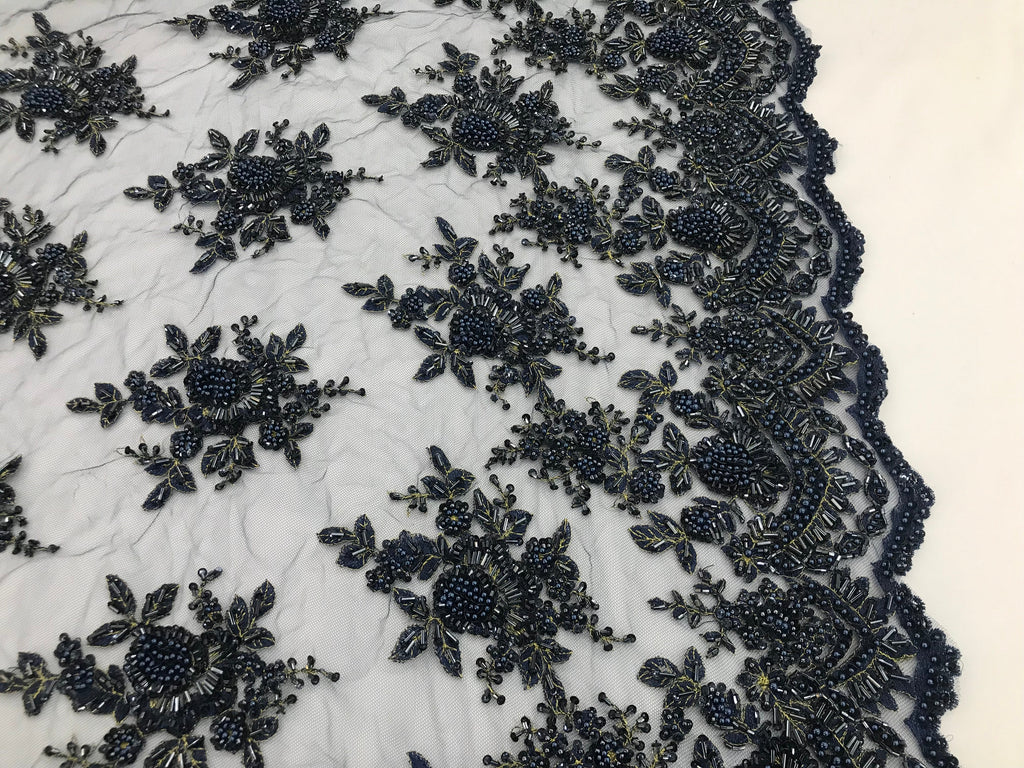 Navy Blue Hand Beaded Embroidered Floral Fabric Lace Bridal Wedding Designs By The Yard