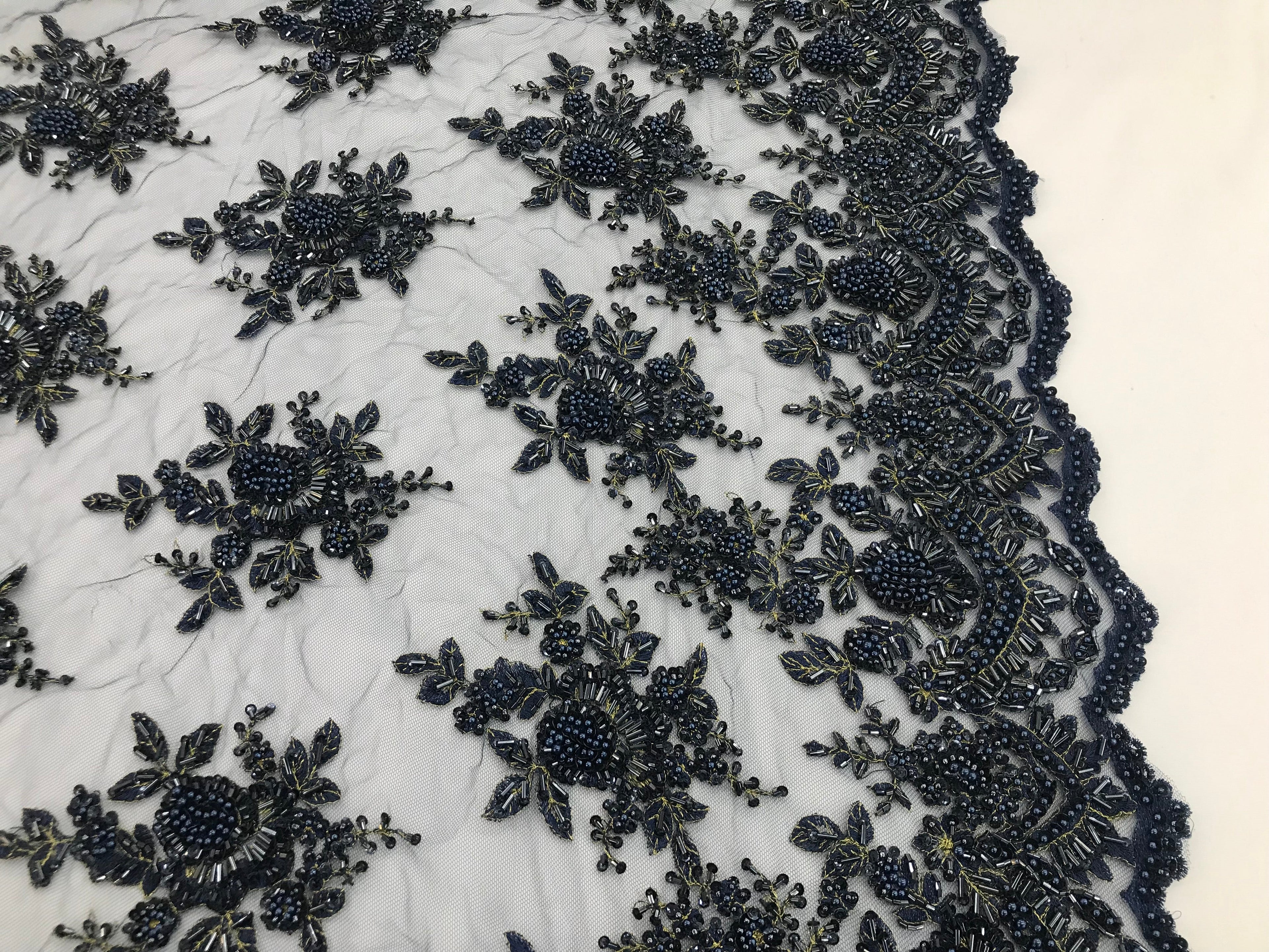 Navy Blue Hand Beaded Embroidered Floral Fabric Lace Bridal Wedding Designs By The Yard