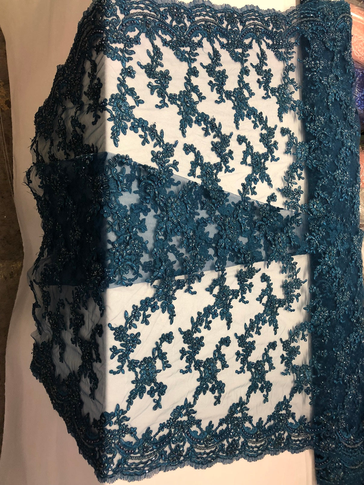 Beaded - Navy - Embroided Small Flower Fabric with Decorated Borders - Sold by The Yard