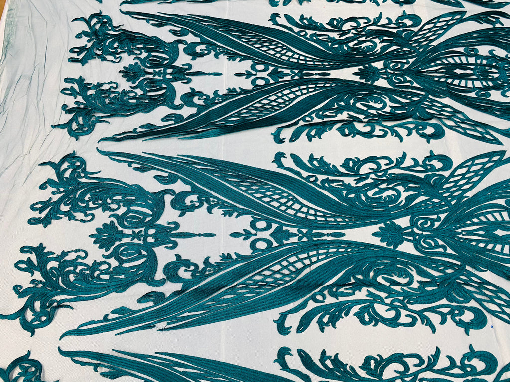 Lace Fabric - Teal - Fancy Damask Pattern Sequins Design Fashion Fabric