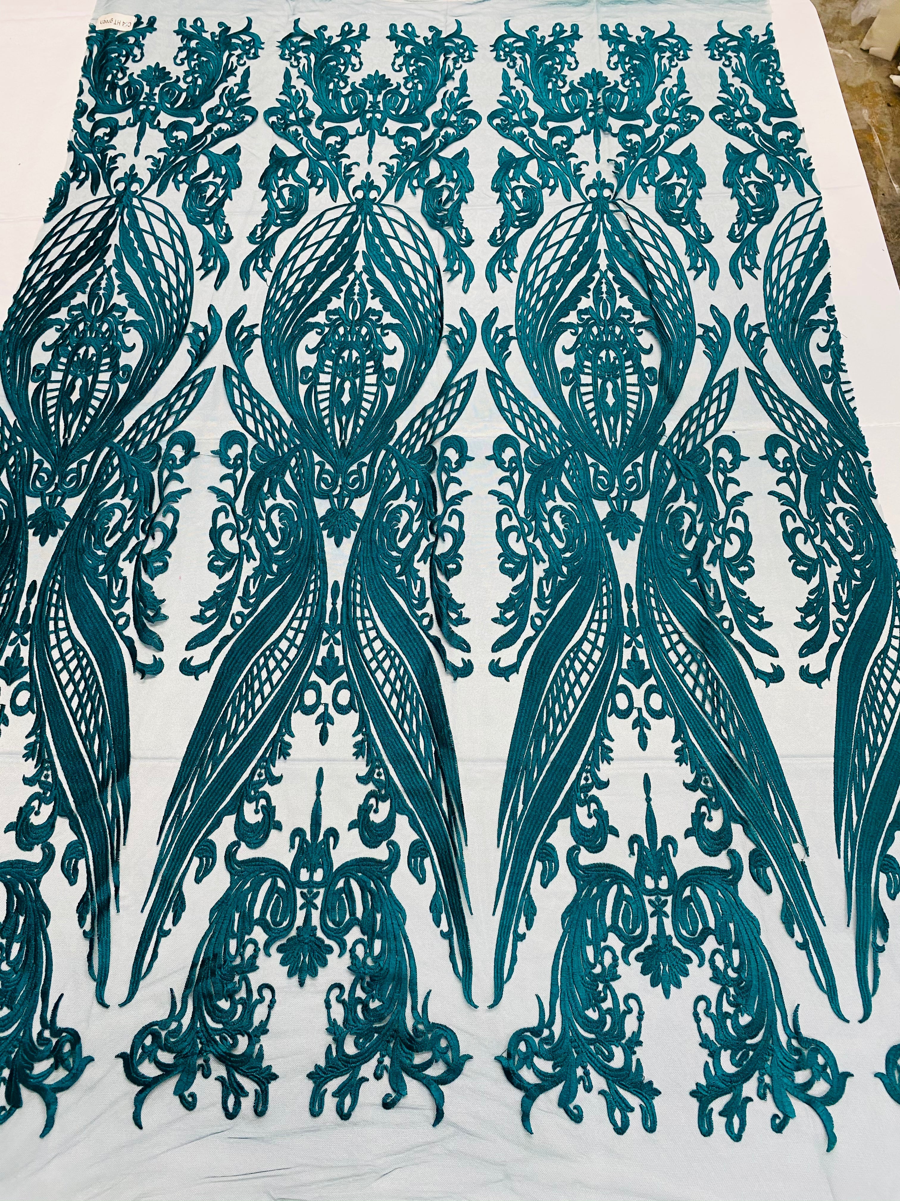 Lace Fabric - Teal - Fancy Damask Pattern Sequins Design Fashion Fabric