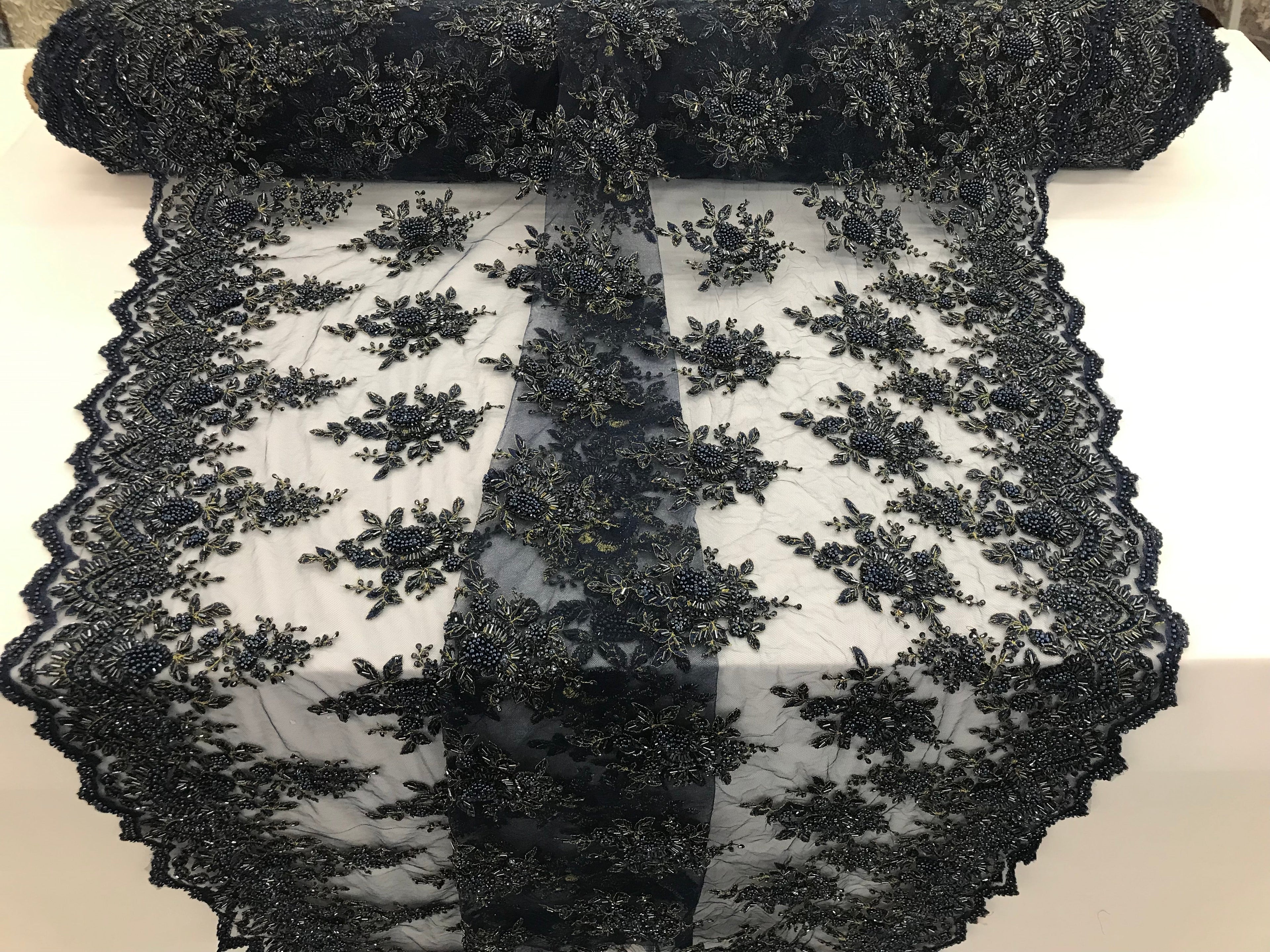 Navy Blue Hand Beaded Embroidered Floral Fabric Lace Bridal Wedding Designs By The Yard