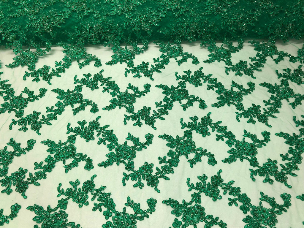 Beaded - Green - Embroided Small Flower Fabric with Decorated Borders - Sold by The Yard