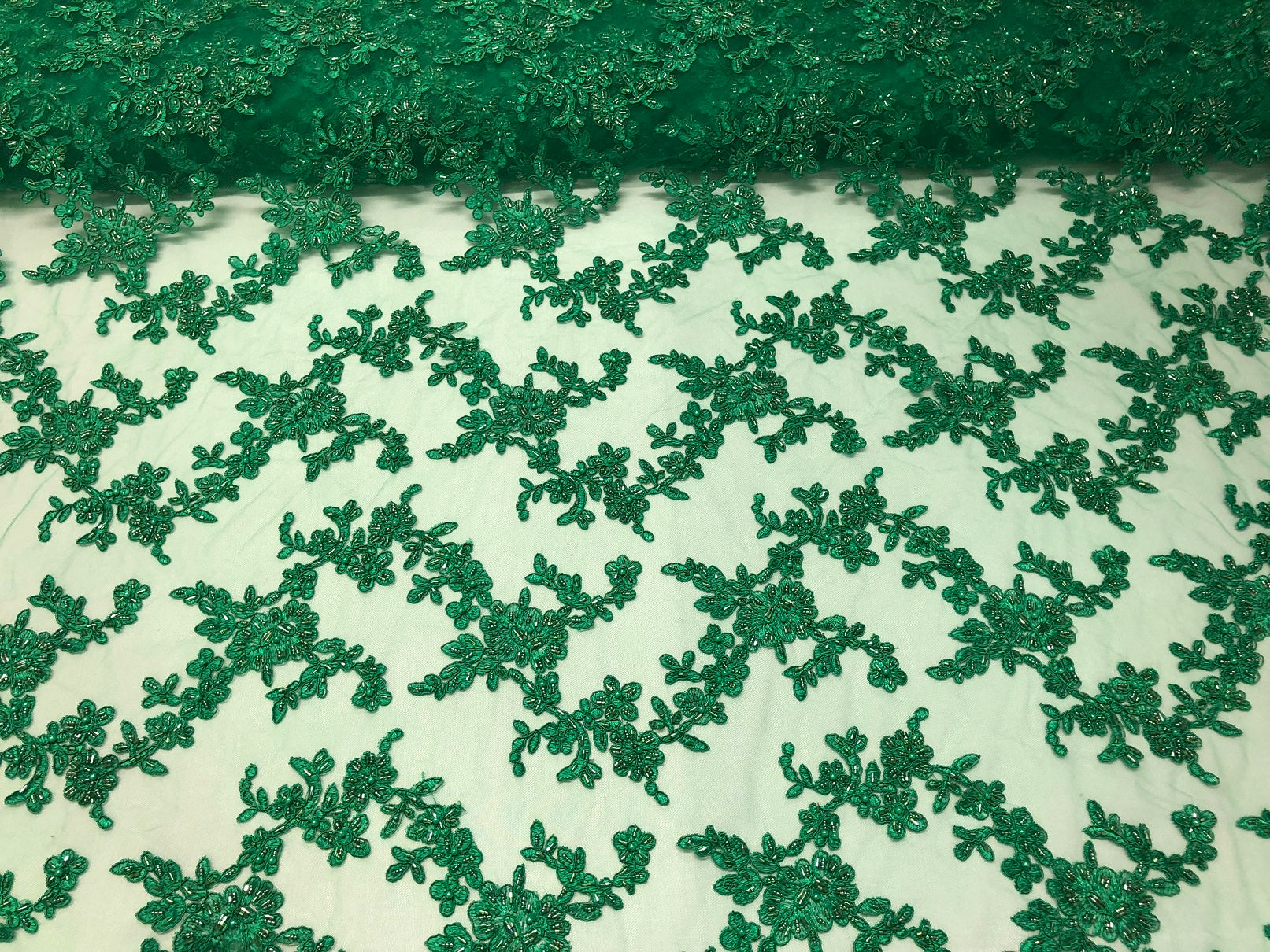 Beaded - Green - Embroided Small Flower Fabric with Decorated Borders - Sold by The Yard