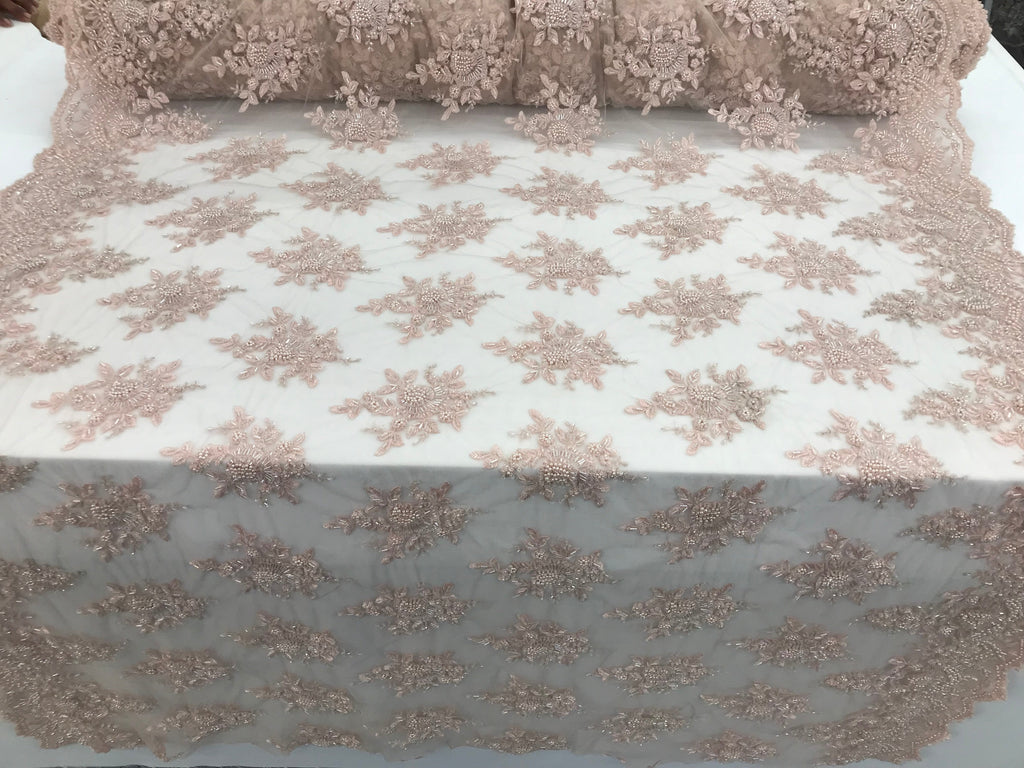 Blush Pink Hand Beaded Embroidered Floral Fabric Lace Bridal Wedding Designs By The Yard
