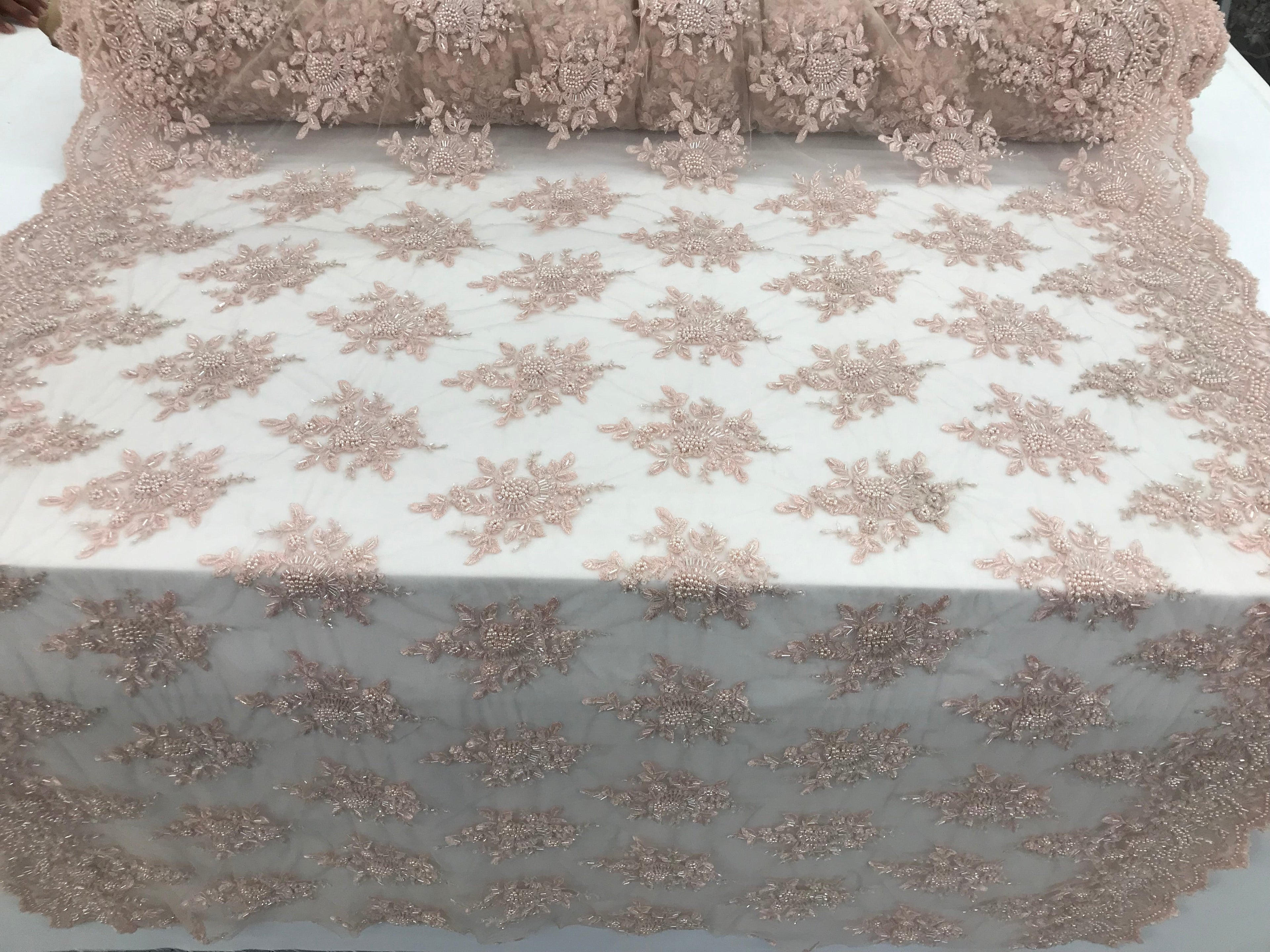 Blush Pink Hand Beaded Embroidered Floral Fabric Lace Bridal Wedding Designs By The Yard