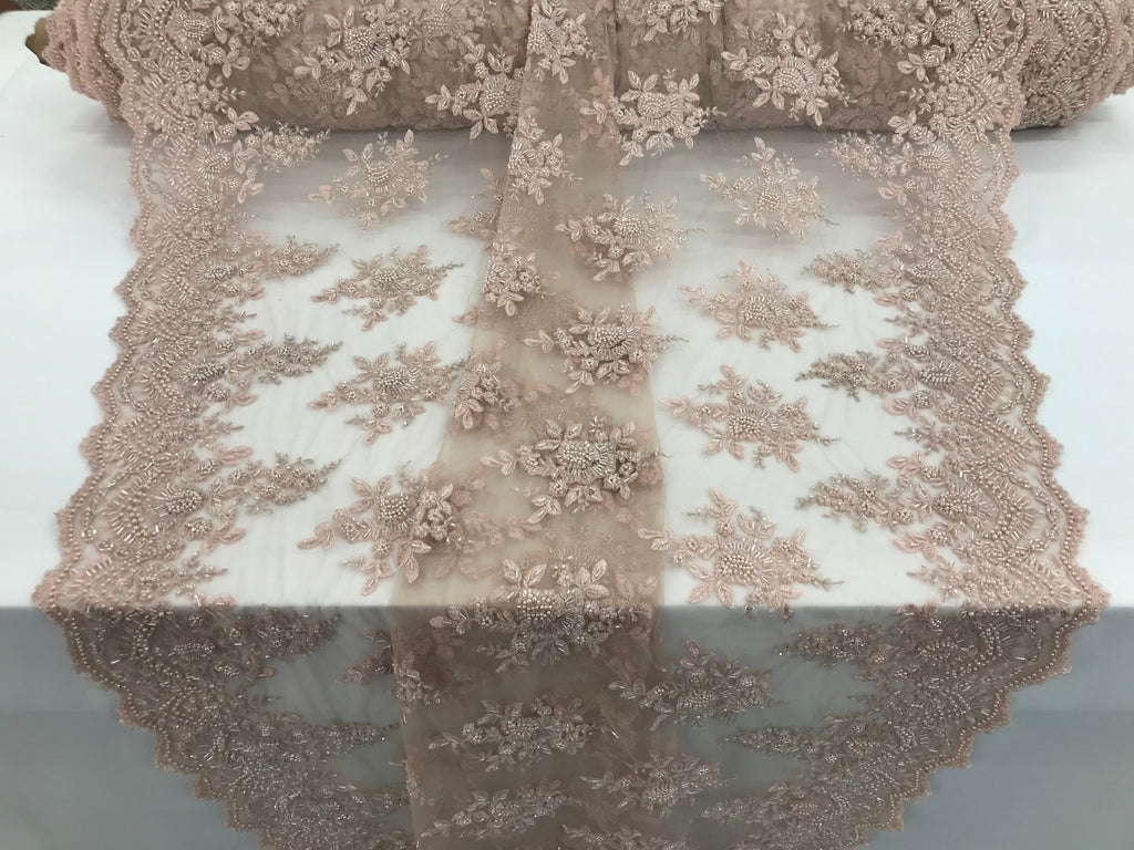 Blush Pink Hand Beaded Embroidered Floral Fabric Lace Bridal Wedding Designs By The Yard
