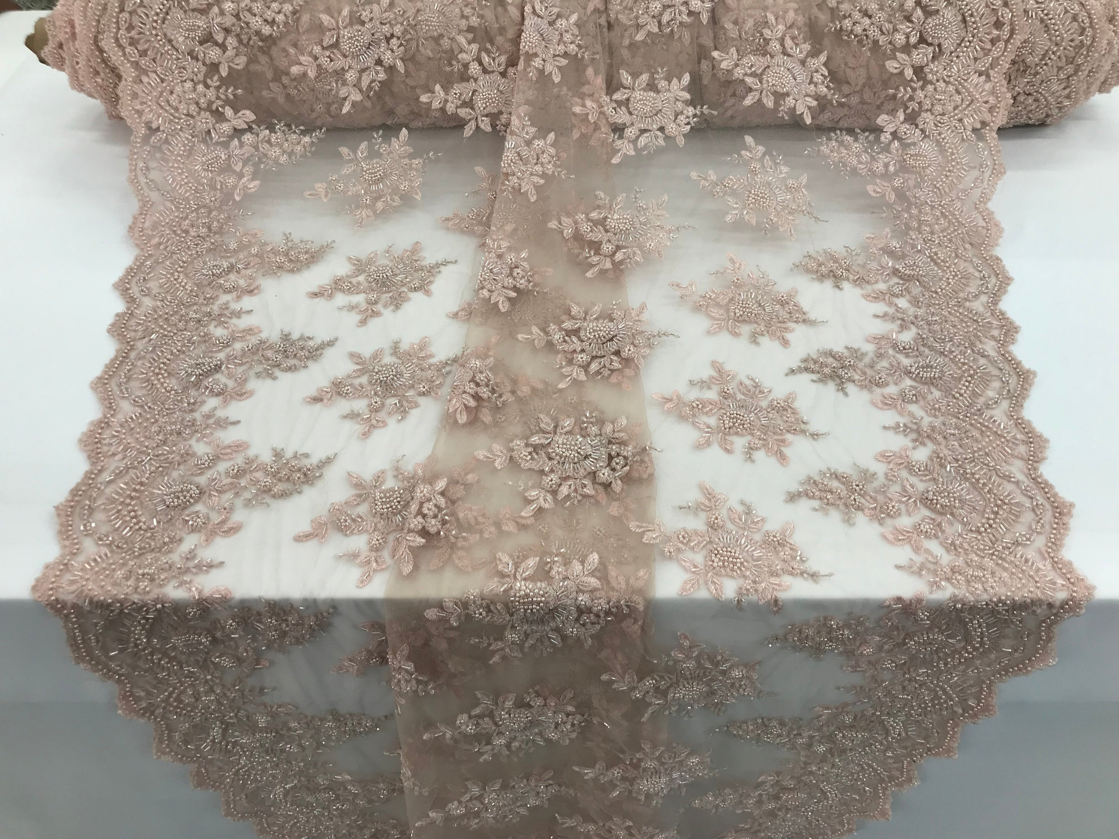 Blush Pink Hand Beaded Embroidered Floral Fabric Lace Bridal Wedding Designs By The Yard