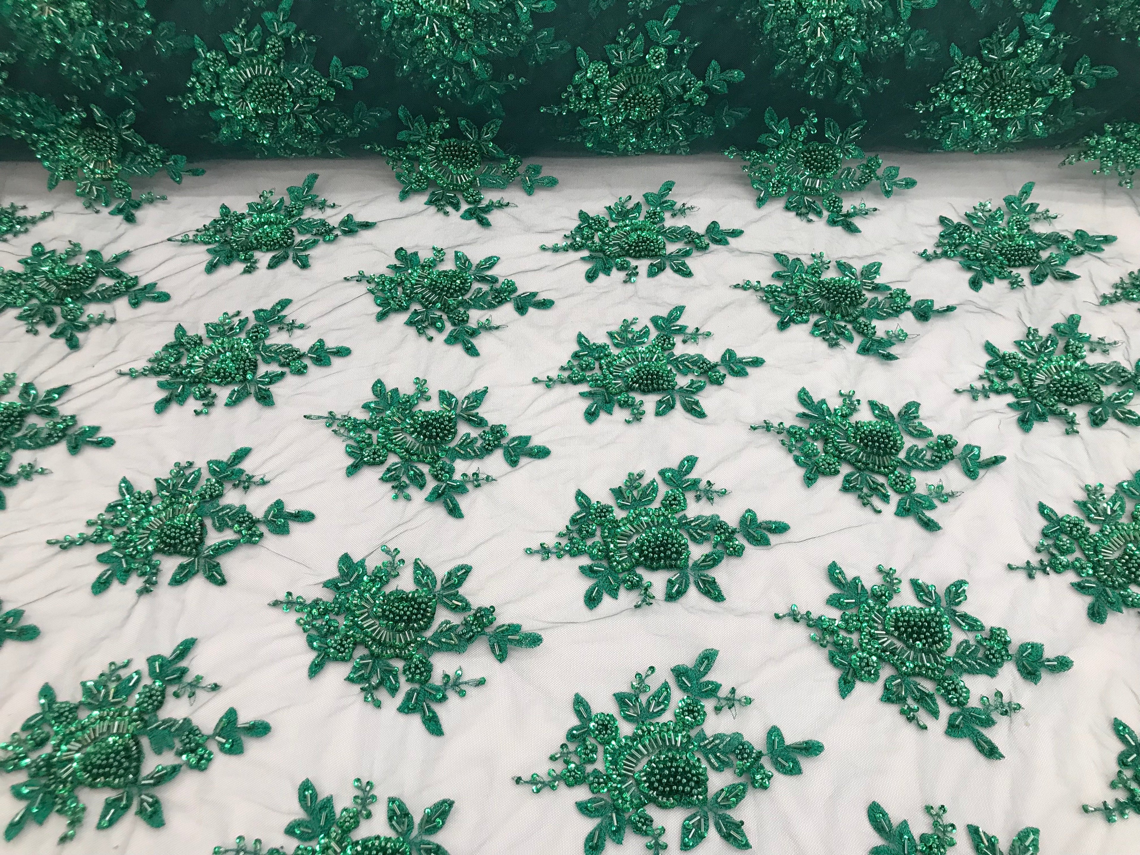 Jade Green Hand Beaded Embroidered Floral Fabric Lace Bridal Wedding Designs By The Yard