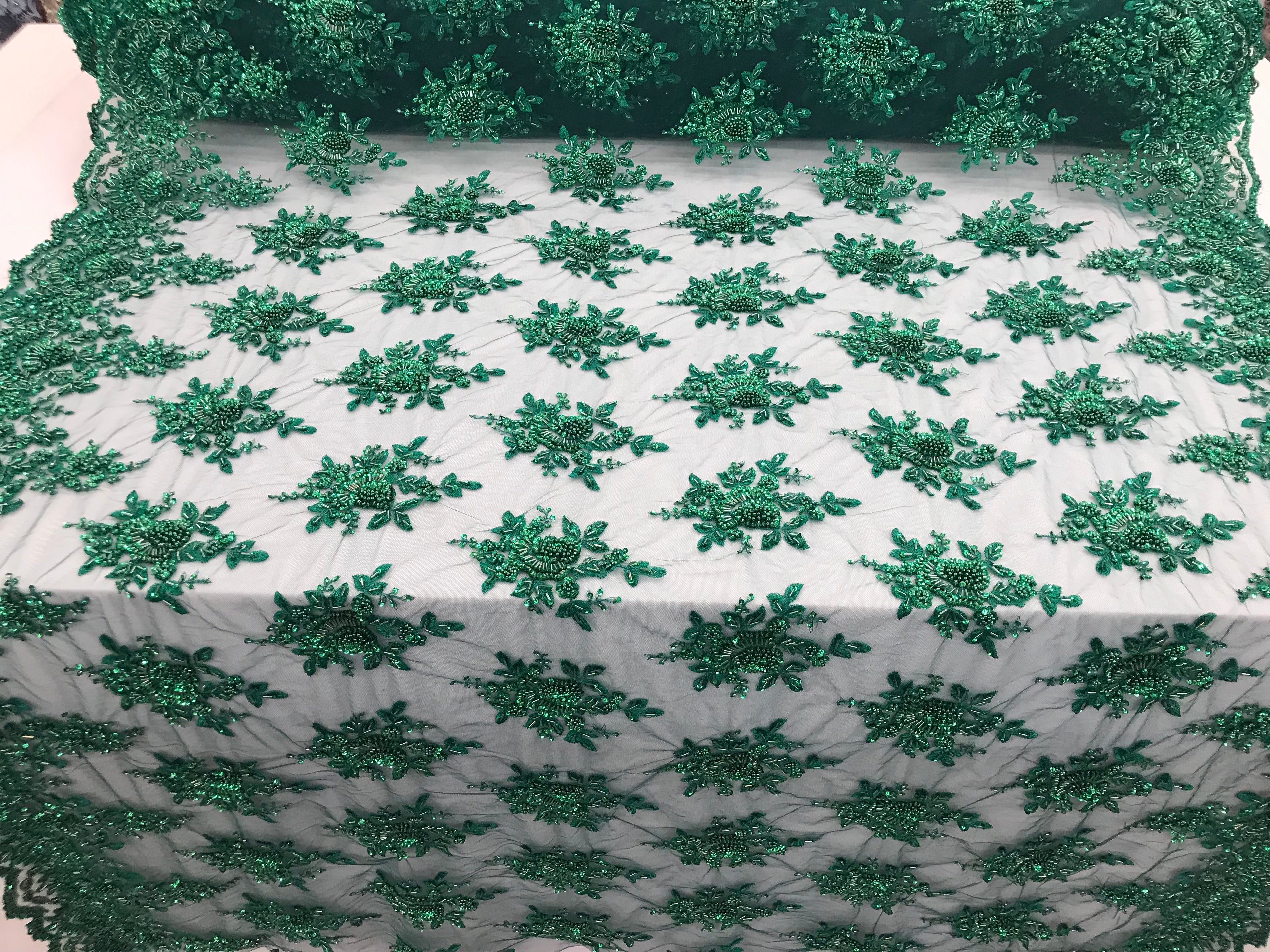 Jade Green Hand Beaded Embroidered Floral Fabric Lace Bridal Wedding Designs By The Yard