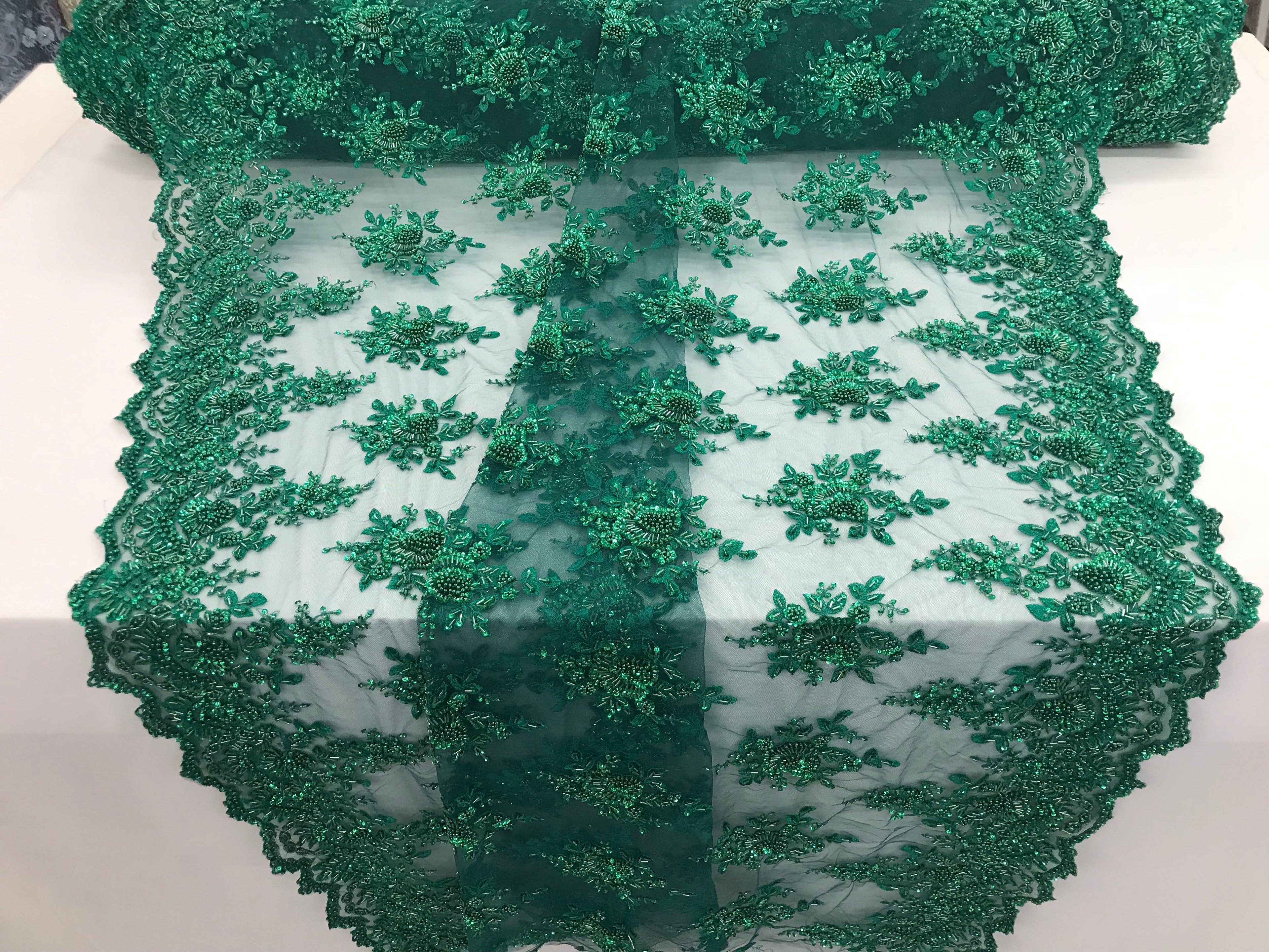 Jade Green Hand Beaded Embroidered Floral Fabric Lace Bridal Wedding Designs By The Yard