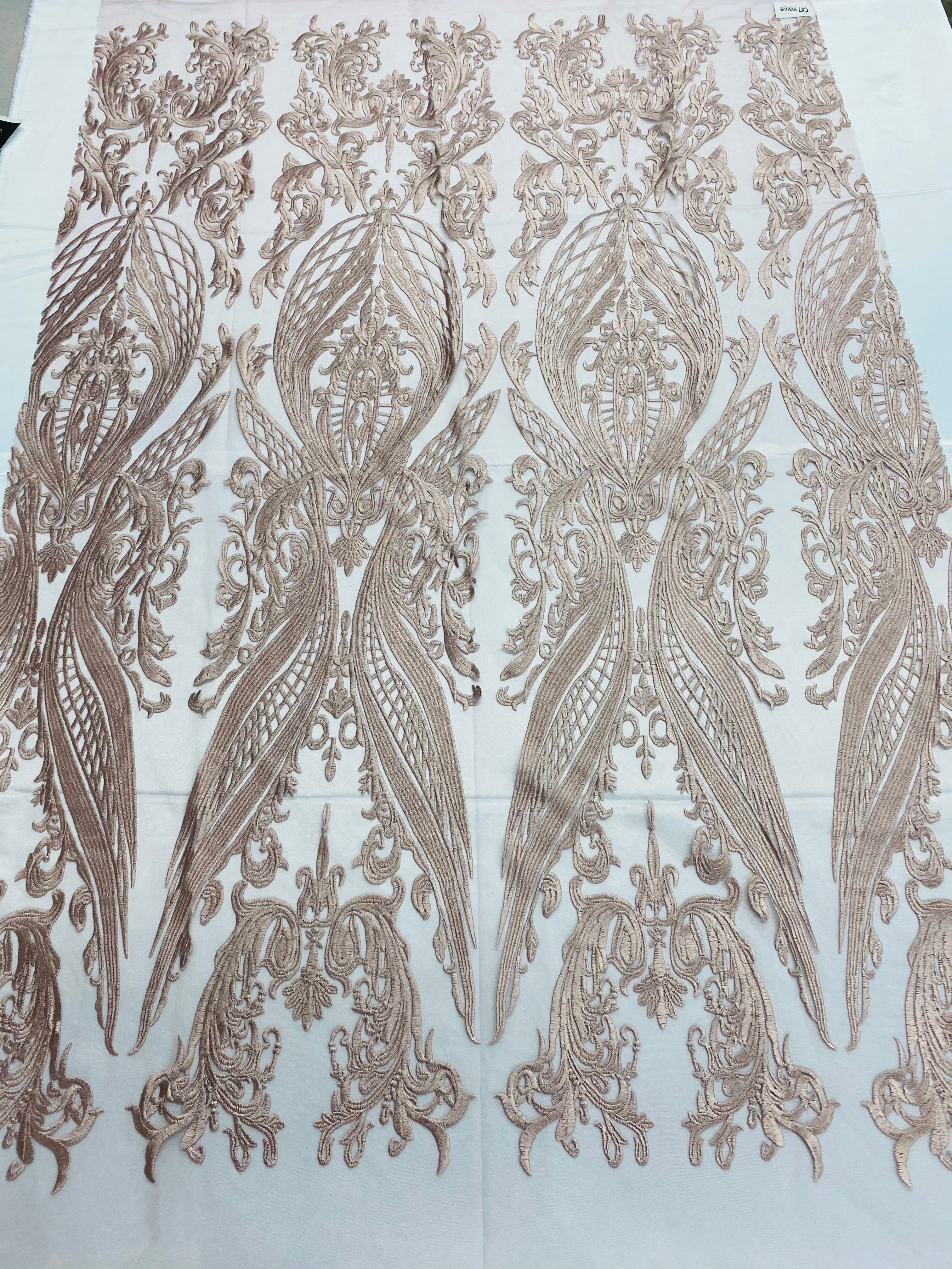 Lace Fabric - Blush - Fancy Damask Pattern Sequins Design Fashion Fabric