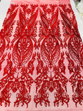 Lace Fabric - Red - Fancy Damask Pattern Sequins Design Fashion Fabric