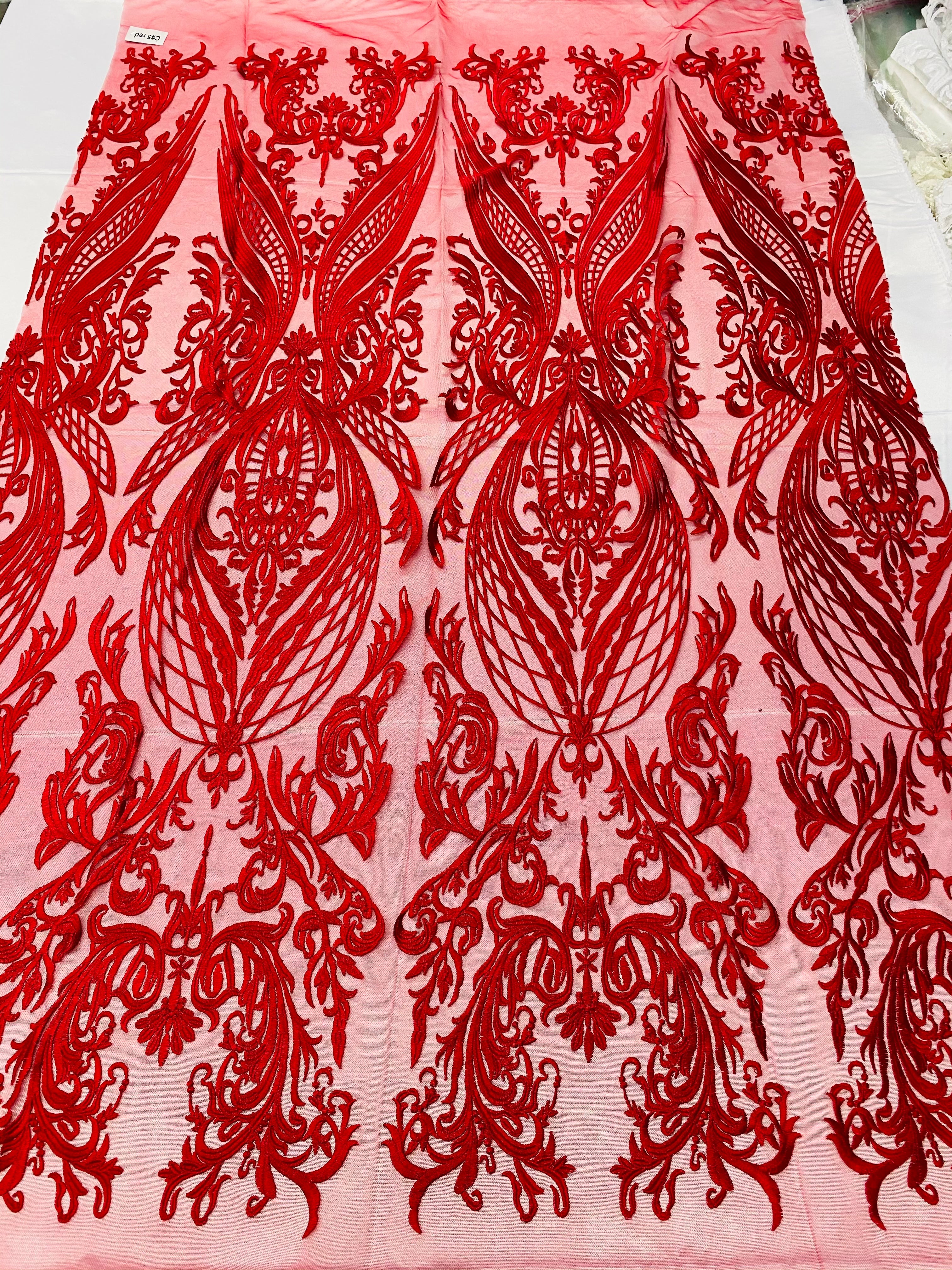 Lace Fabric - Red - Fancy Damask Pattern Sequins Design Fashion Fabric