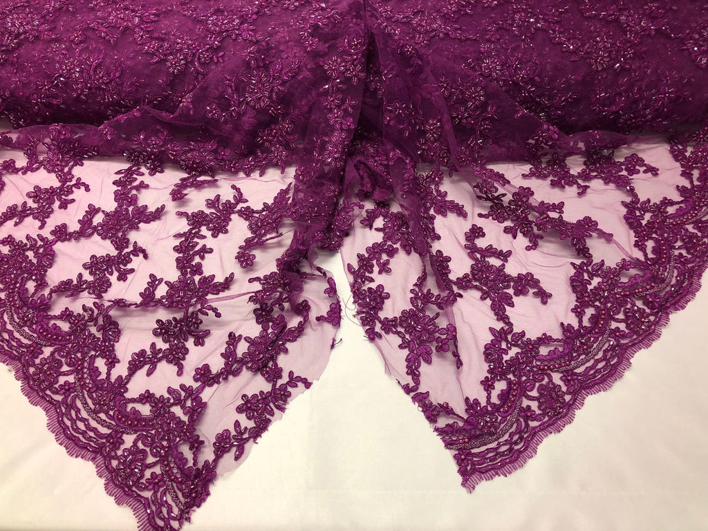 Beaded - Purple - Embroided Small Flower Fabric with Decorated Borders - Sold by The Yard