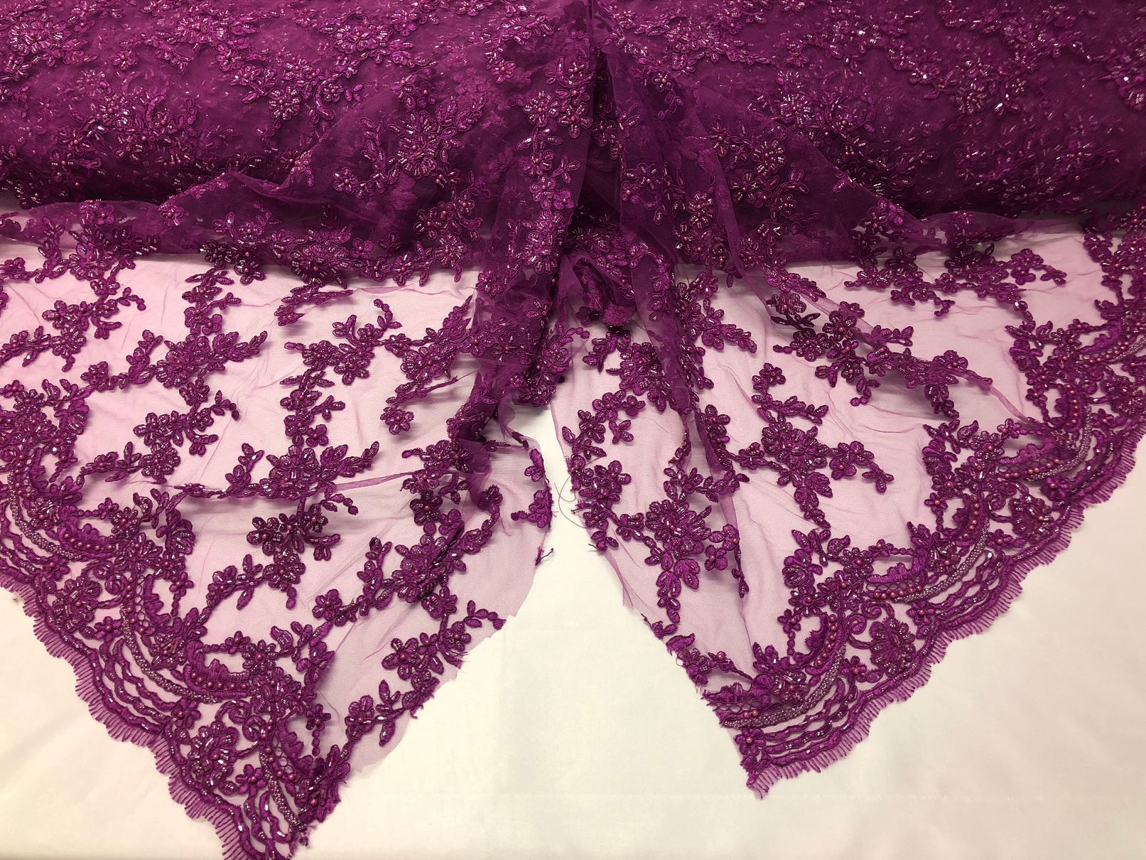 Beaded - Purple - Embroided Small Flower Fabric with Decorated Borders - Sold by The Yard