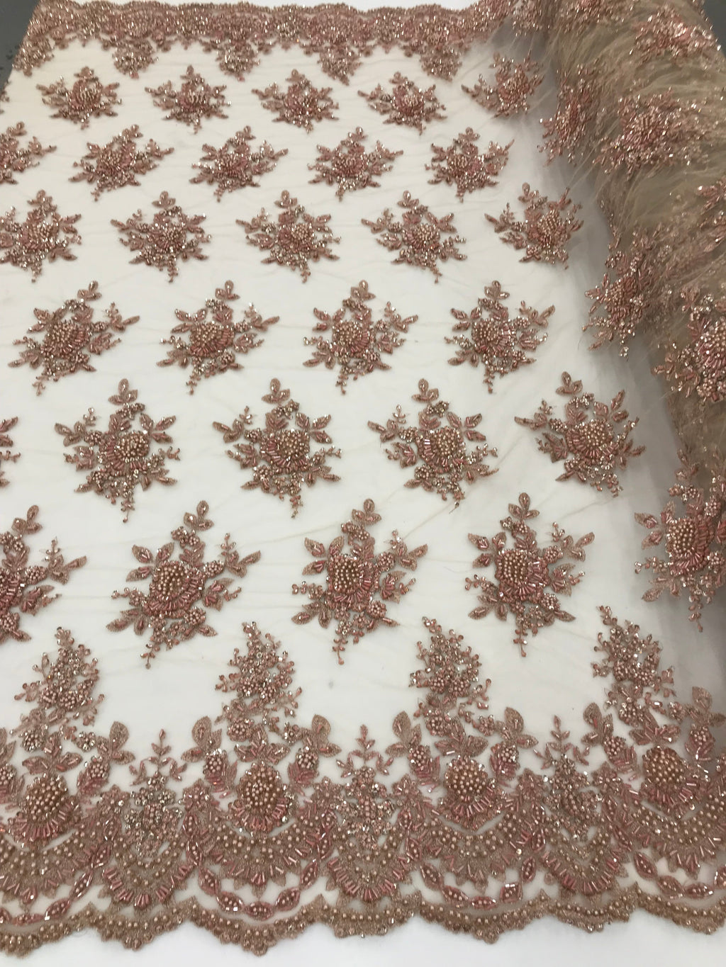 Rose Gold Hand Beaded Embroidered Floral Fabric Lace Bridal Wedding Designs By The Yard