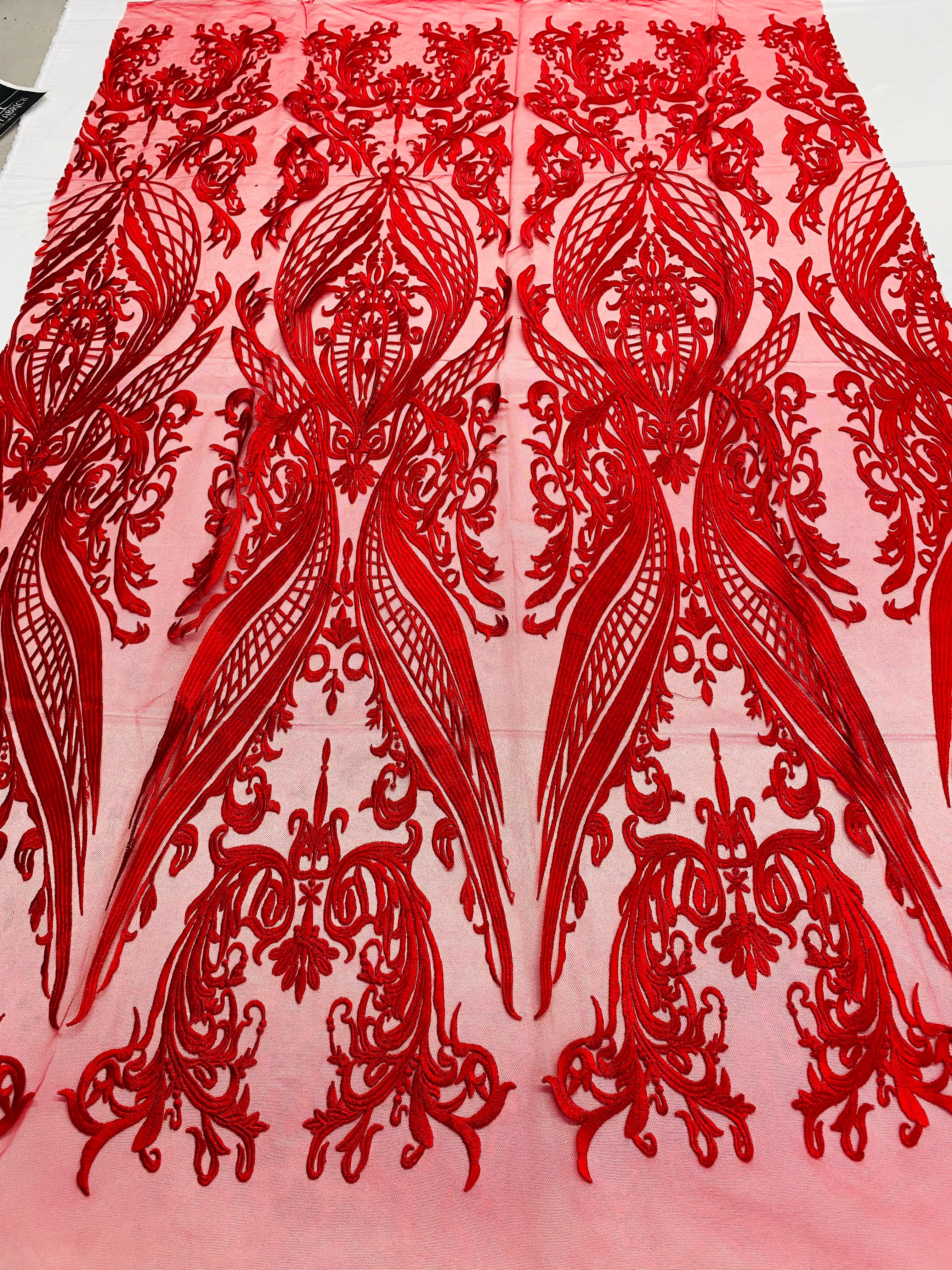 Lace Fabric - Red - Fancy Damask Pattern Sequins Design Fashion Fabric