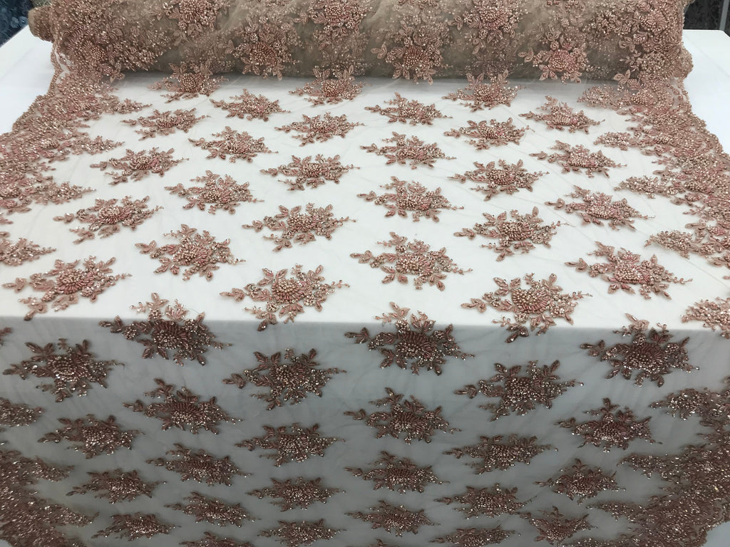 Rose Gold Hand Beaded Embroidered Floral Fabric Lace Bridal Wedding Designs By The Yard