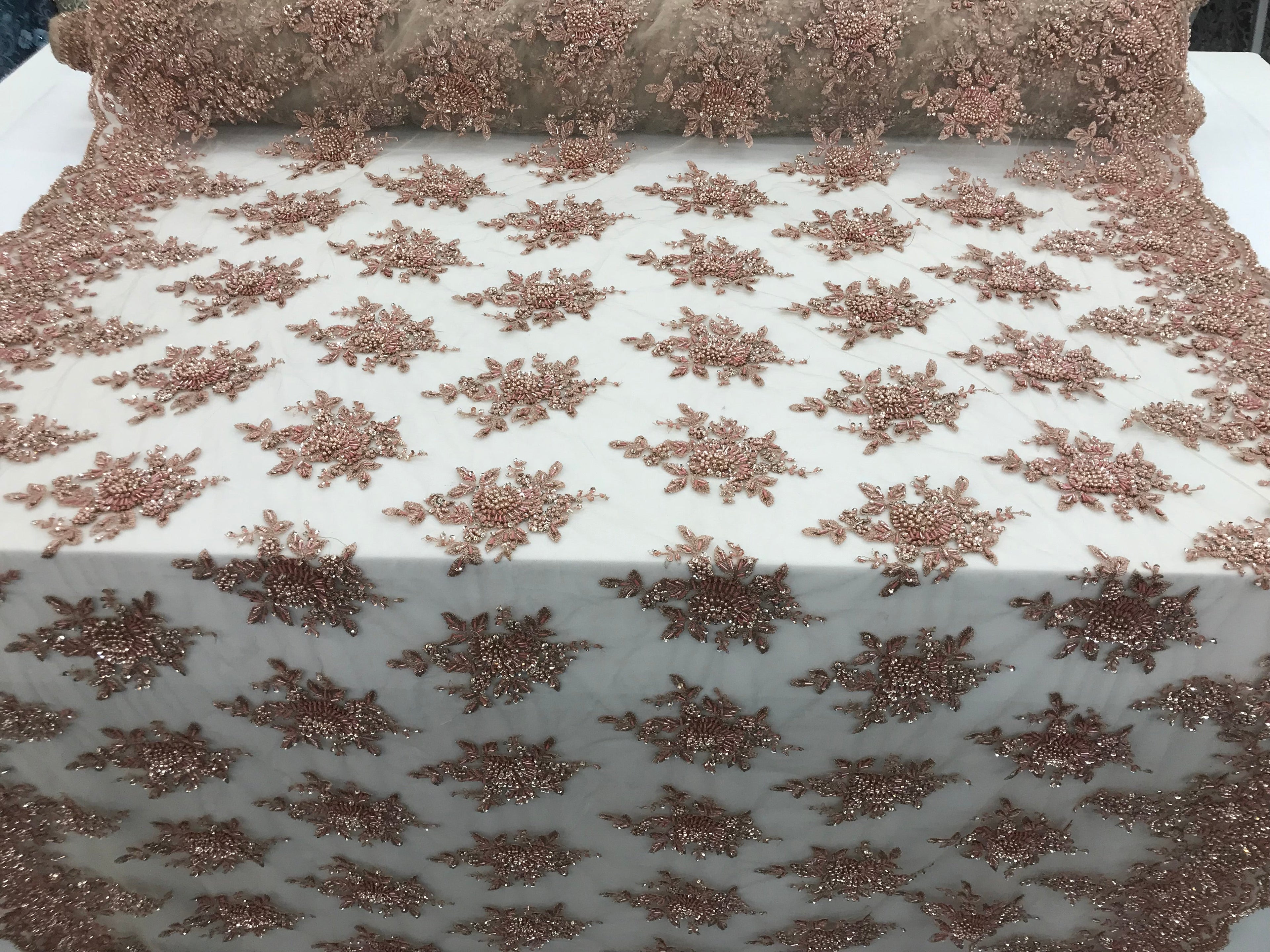 Rose Gold Hand Beaded Embroidered Floral Fabric Lace Bridal Wedding Designs By The Yard