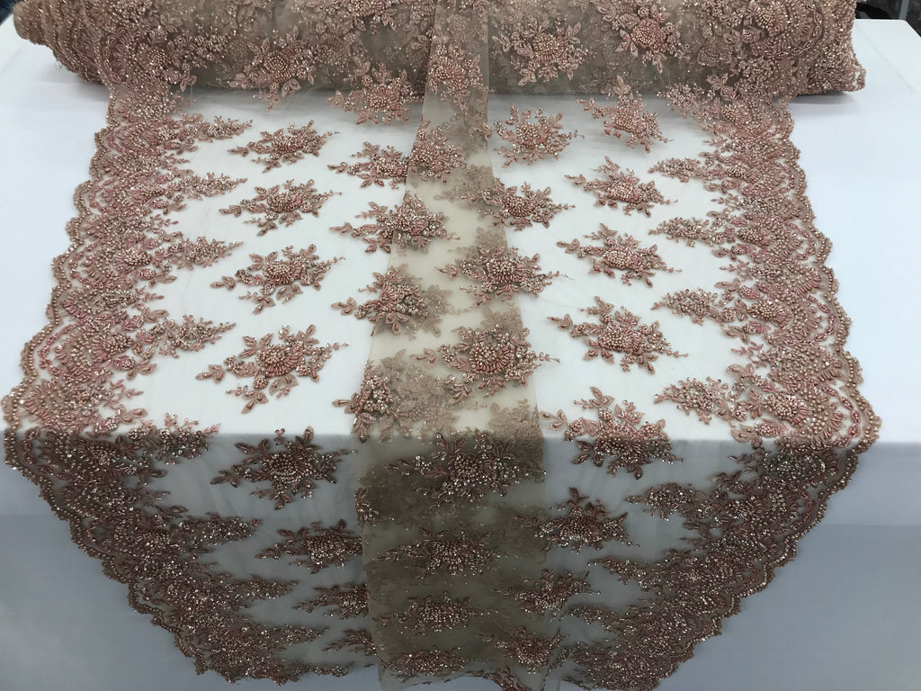 Rose Gold Hand Beaded Embroidered Floral Fabric Lace Bridal Wedding Designs By The Yard