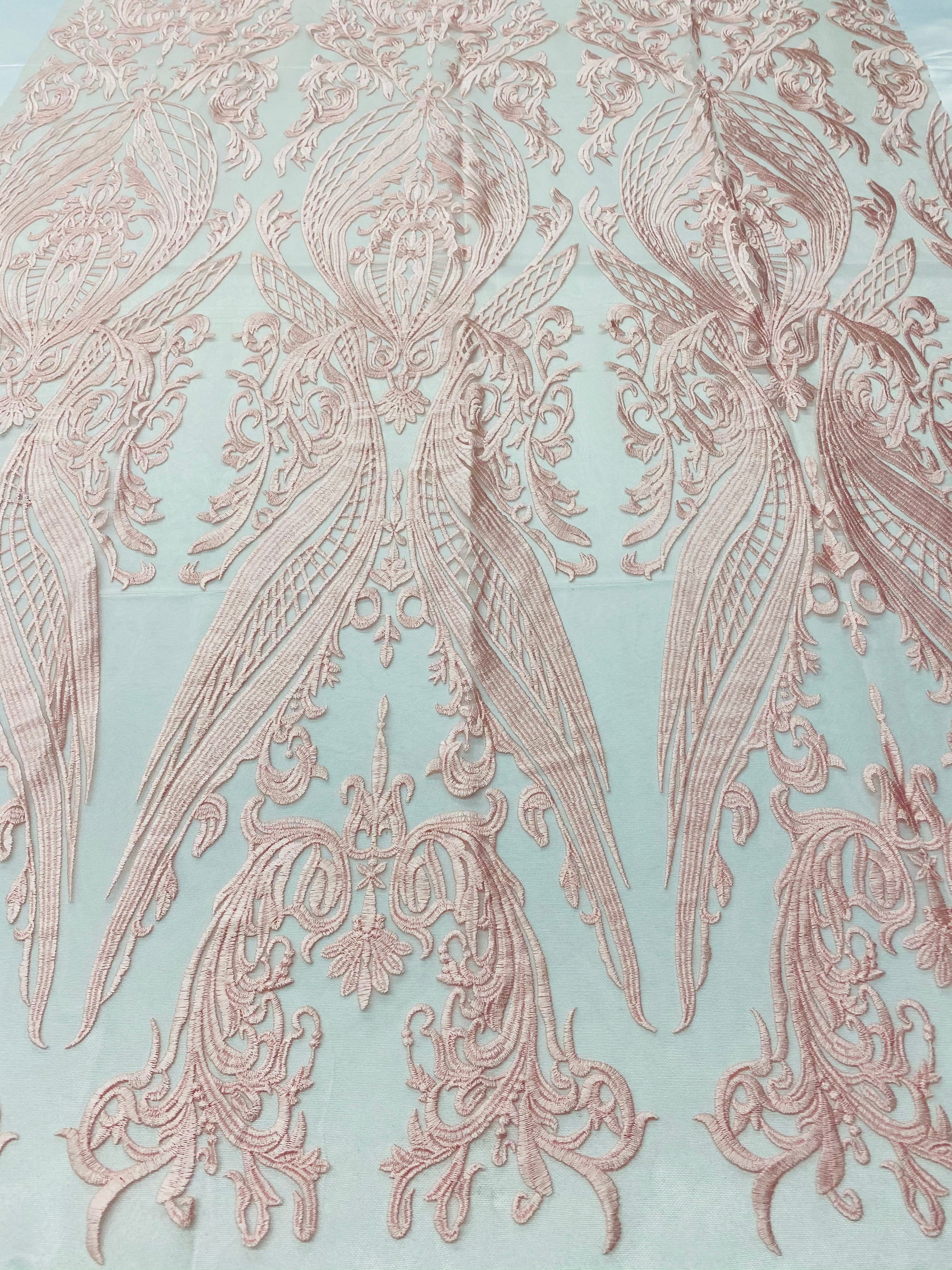 Lace Fabric - Pink - Fancy Damask Pattern Sequins Design Fashion Fabric