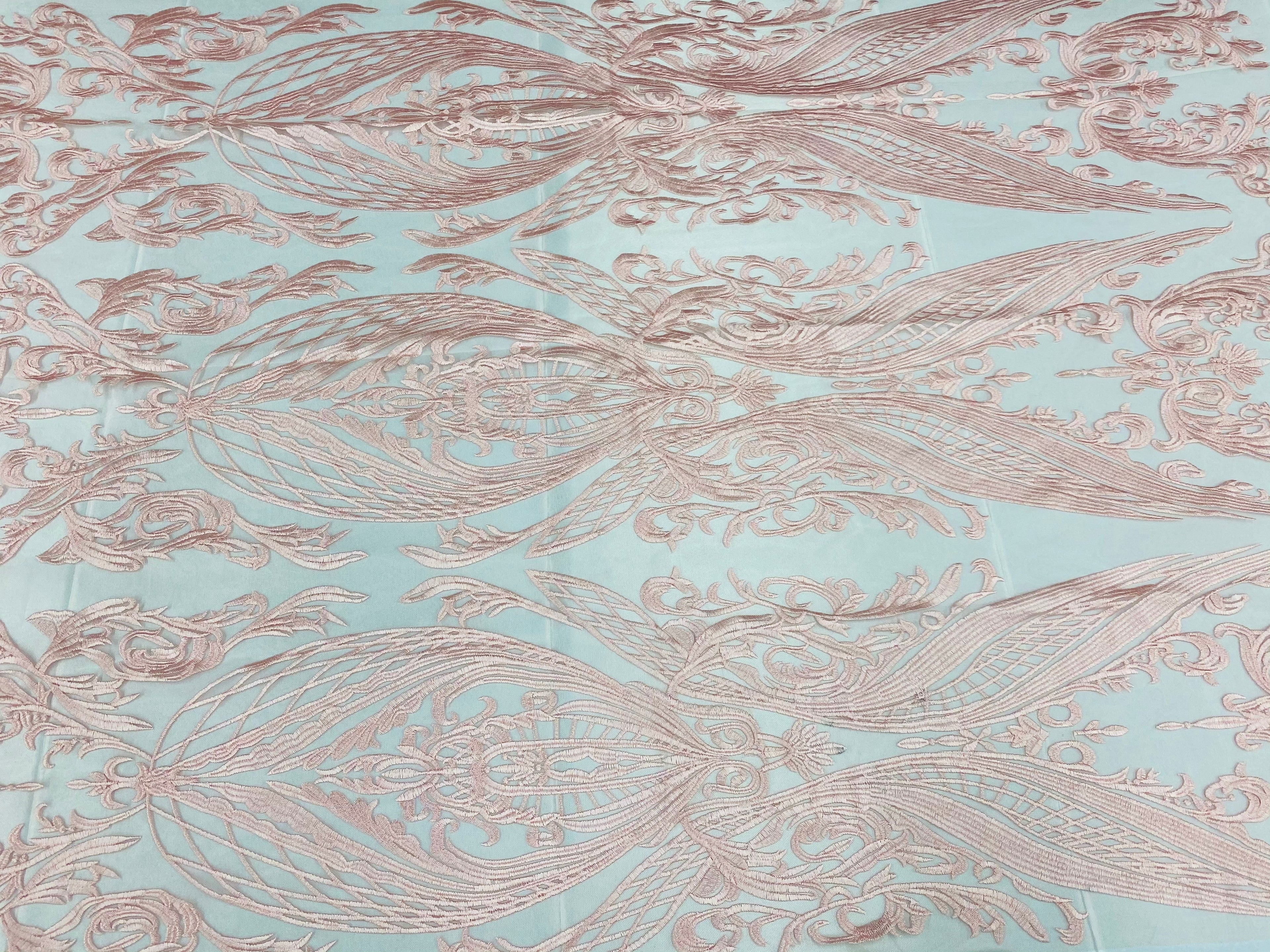 Lace Fabric - Pink - Fancy Damask Pattern Sequins Design Fashion Fabric