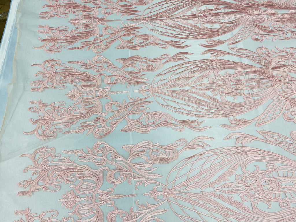 Lace Fabric - Pink - Fancy Damask Pattern Sequins Design Fashion Fabric
