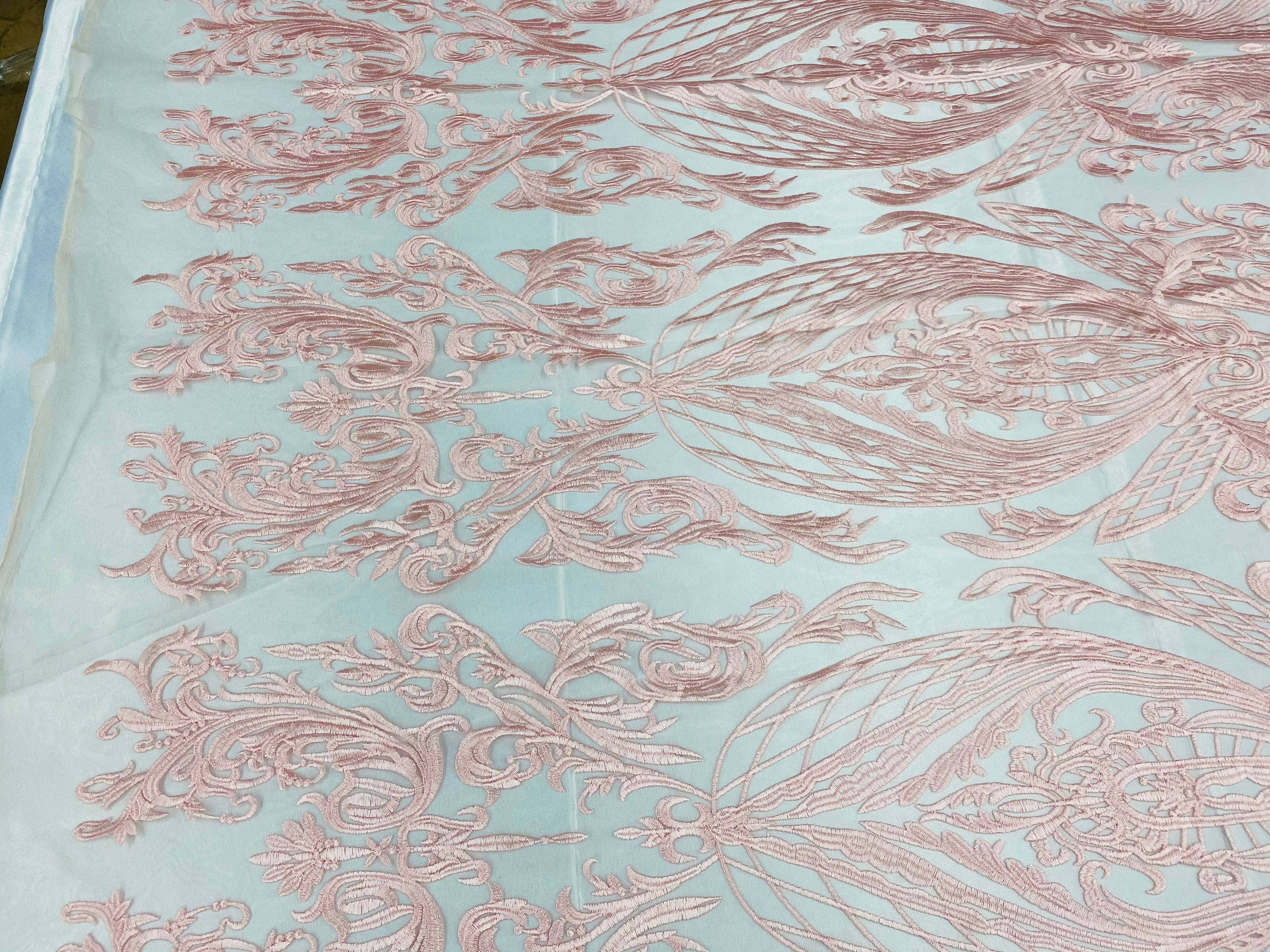 Lace Fabric - Pink - Fancy Damask Pattern Sequins Design Fashion Fabric