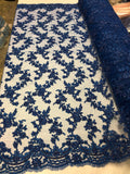 Beaded - Royal Blue - Embroided Small Flower Fabric with Decorated Borders - Sold by The Yard