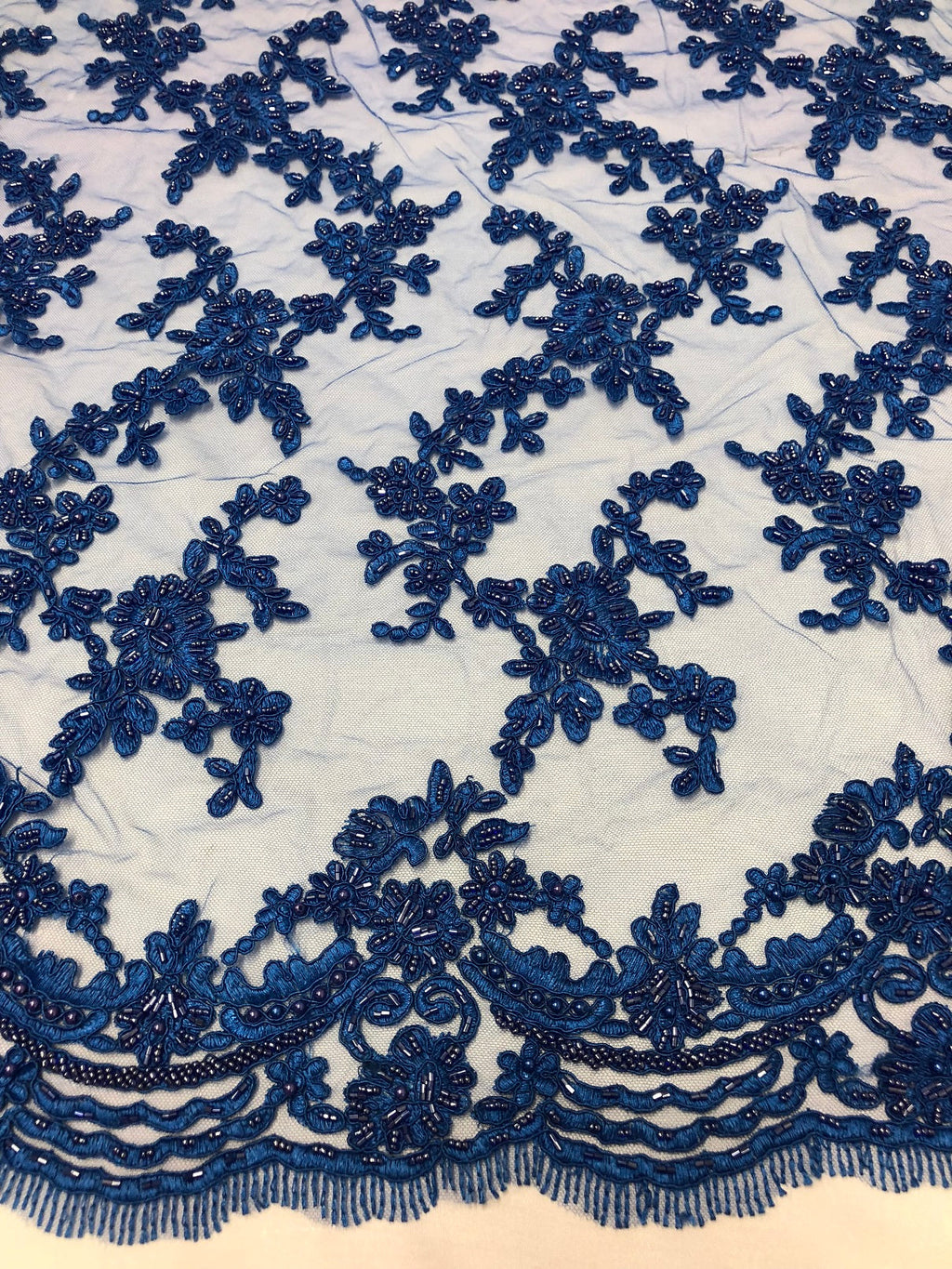 Beaded - Royal Blue - Embroided Small Flower Fabric with Decorated Borders - Sold by The Yard