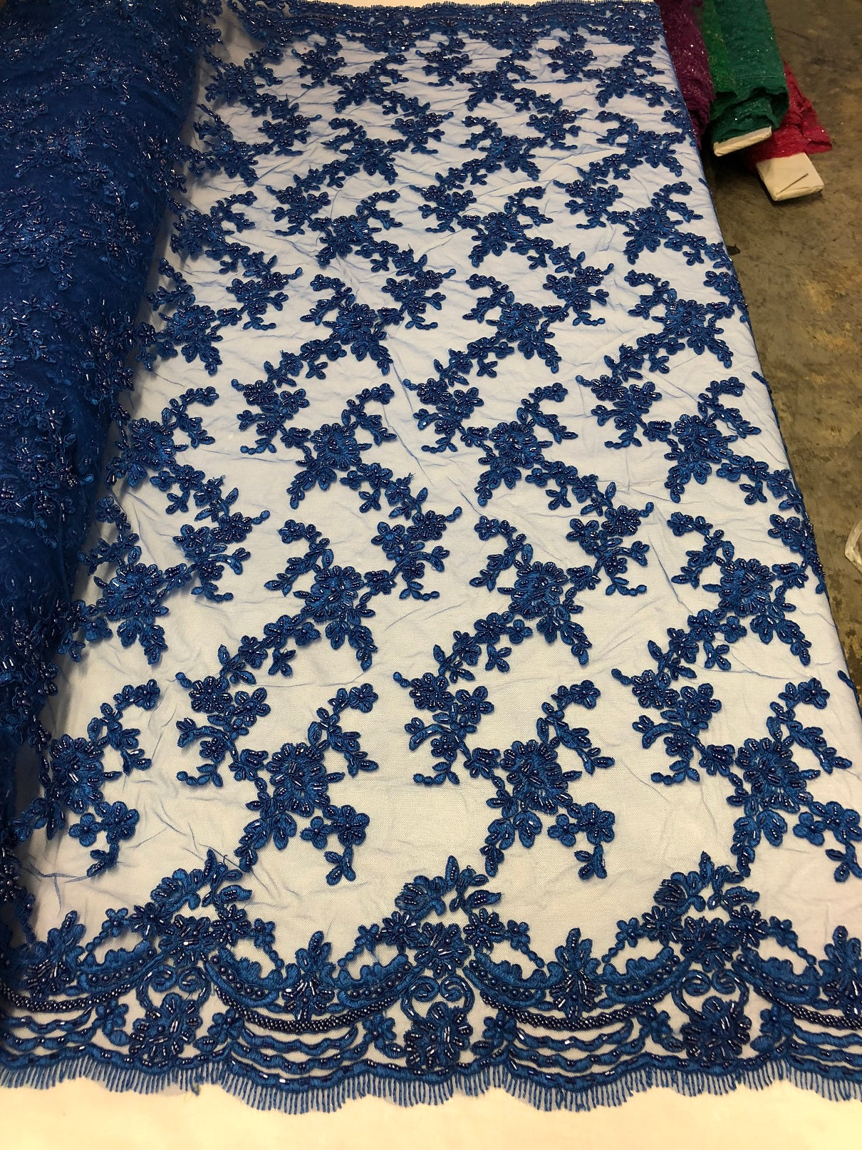 Beaded - Royal Blue - Embroided Small Flower Fabric with Decorated Borders - Sold by The Yard