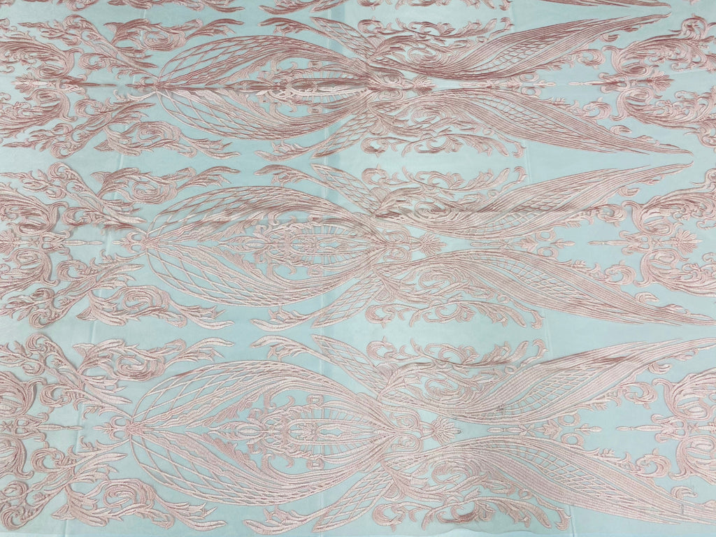 Lace Fabric - Pink - Fancy Damask Pattern Sequins Design Fashion Fabric