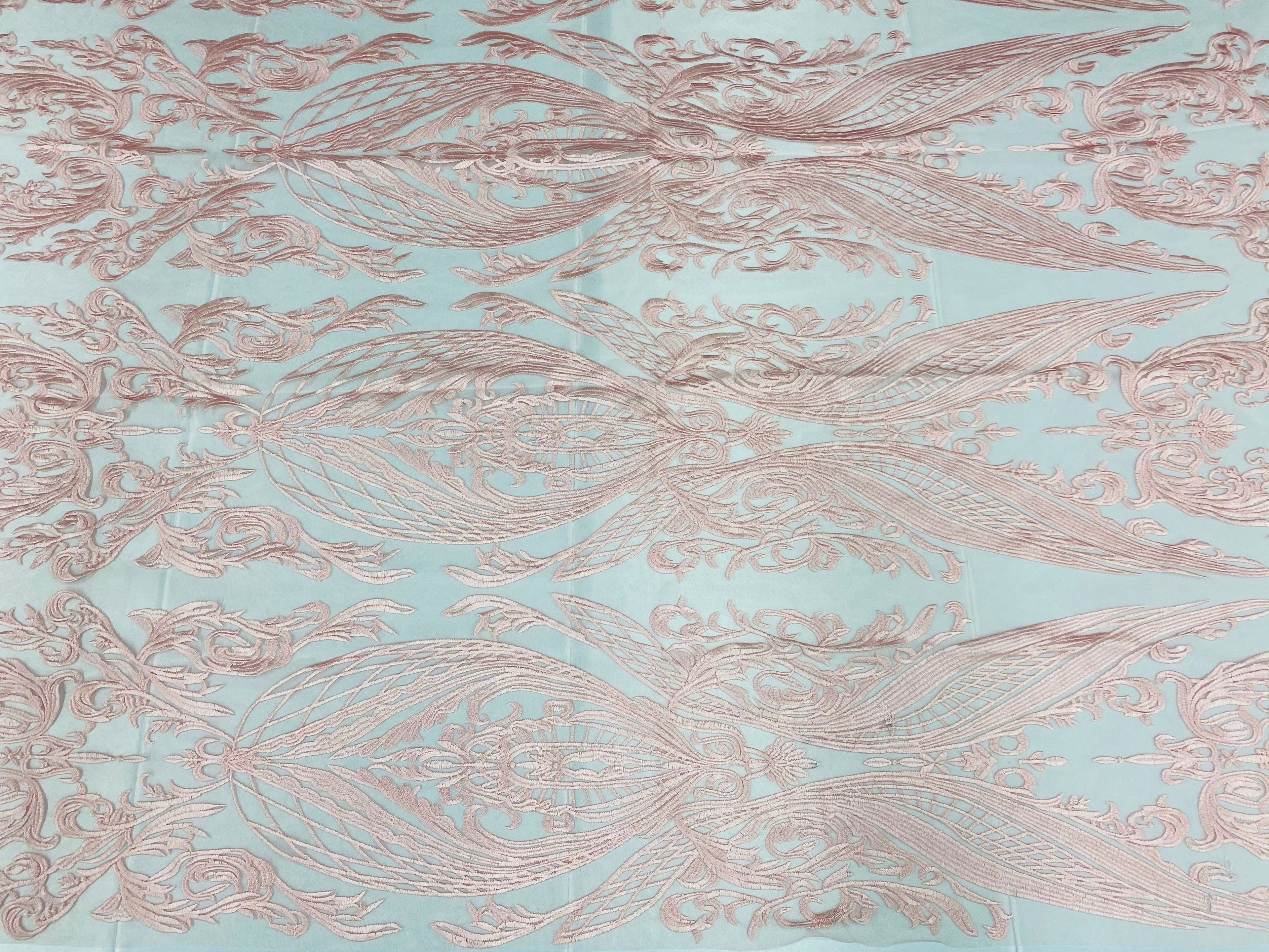 Lace Fabric - Pink - Fancy Damask Pattern Sequins Design Fashion Fabric