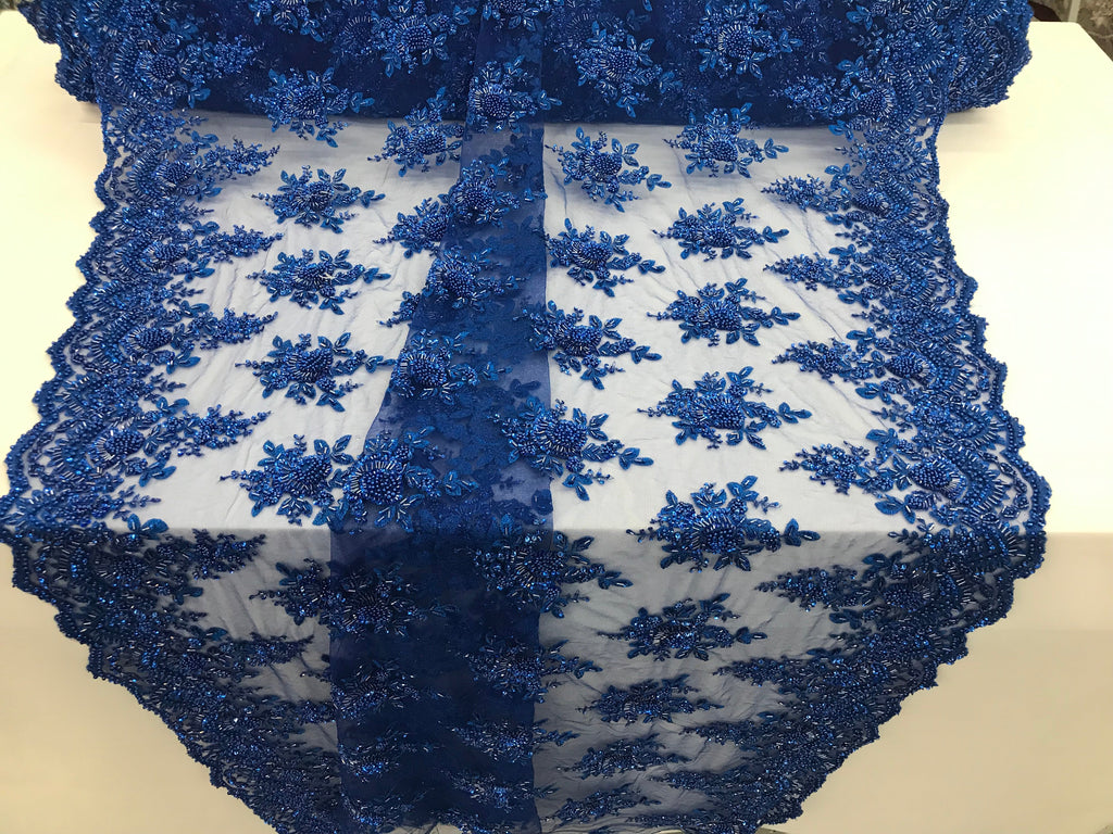 Royal Blue Hand Beaded Embroidered Floral Fabric Lace Bridal Wedding Designs By The Yard