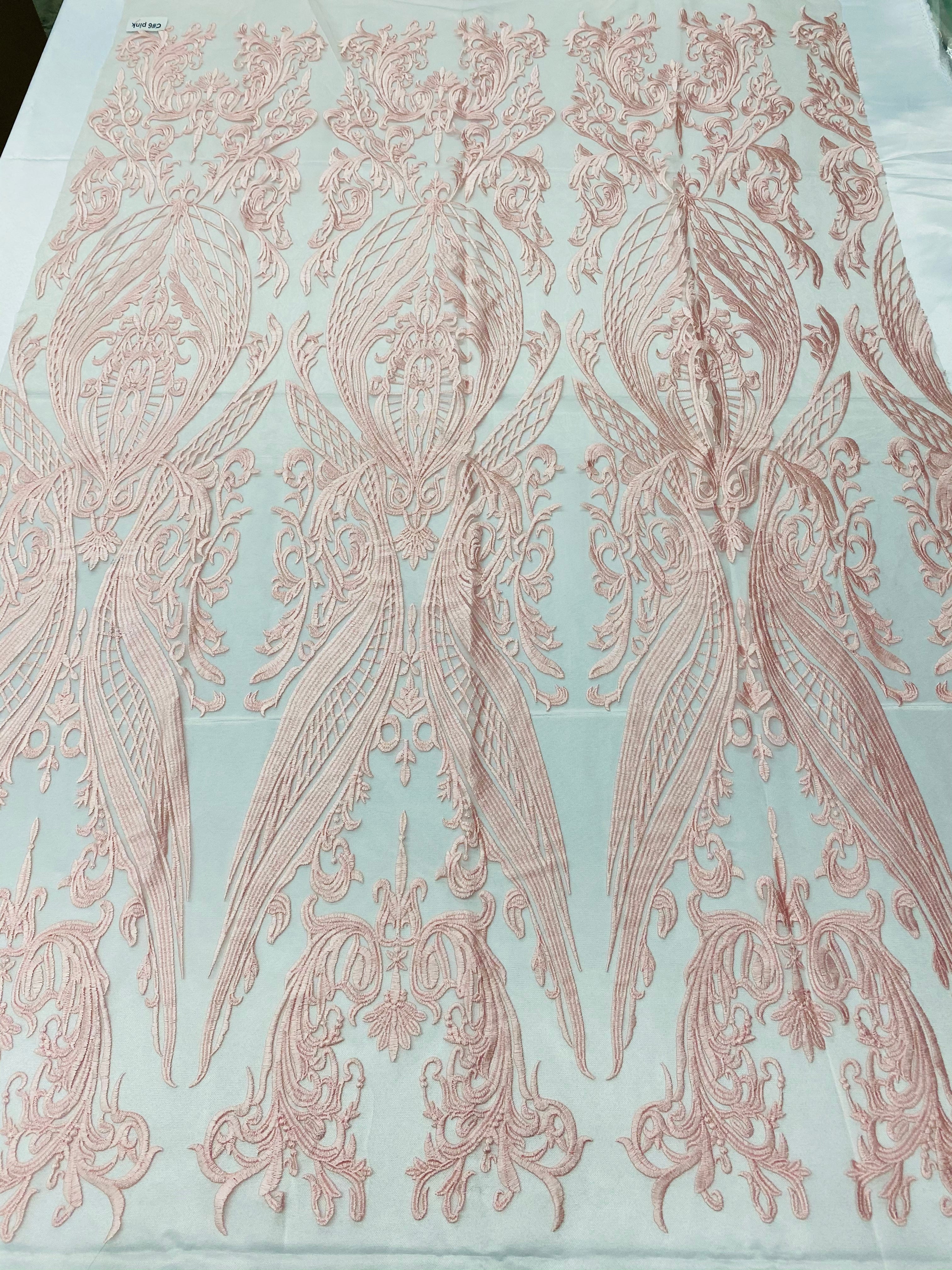 Lace Fabric - Pink - Fancy Damask Pattern Sequins Design Fashion Fabric