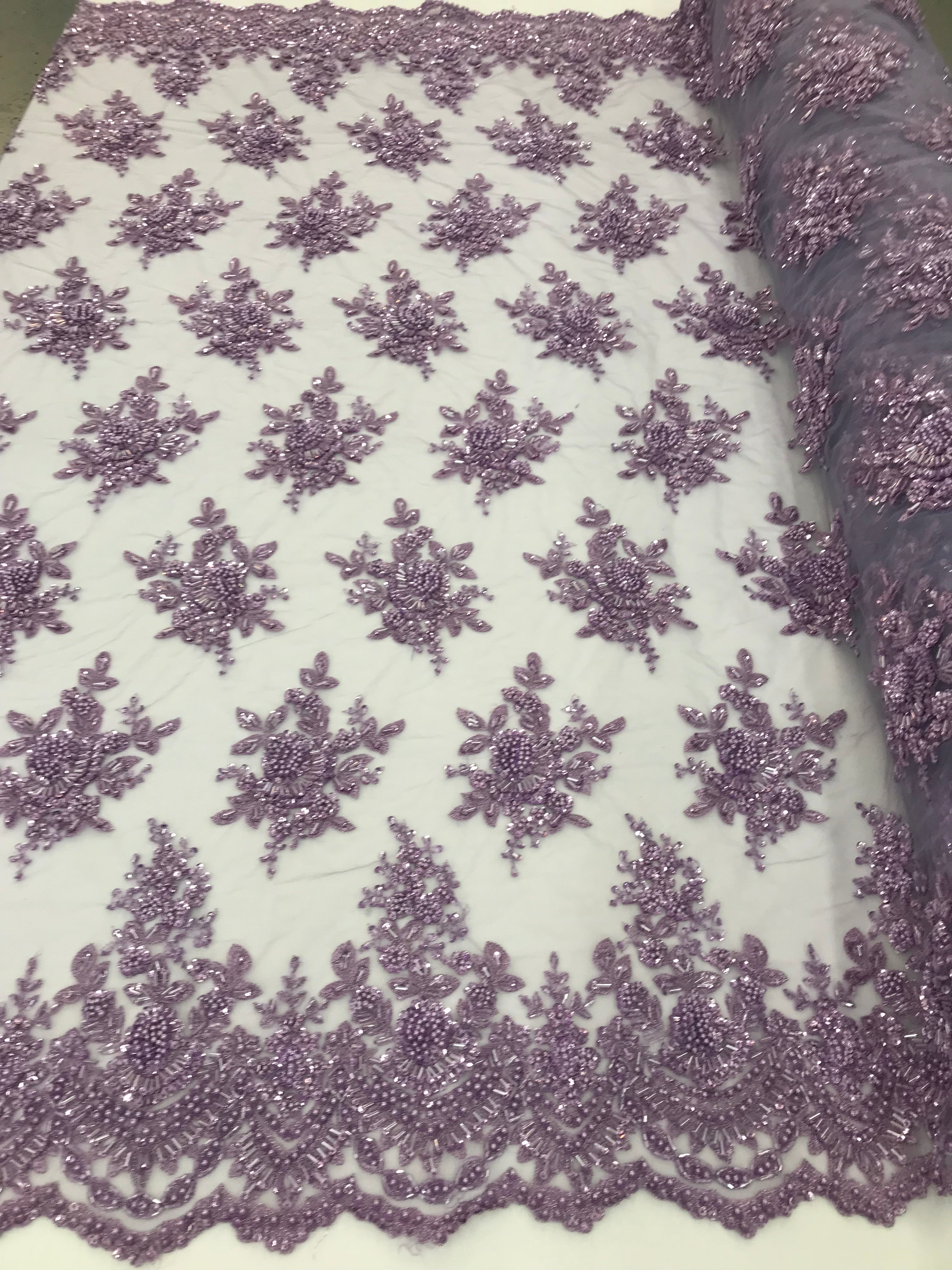 Lilac Hand Beaded Embroidered Floral Fabric Lace Bridal Wedding Designs By The Yard