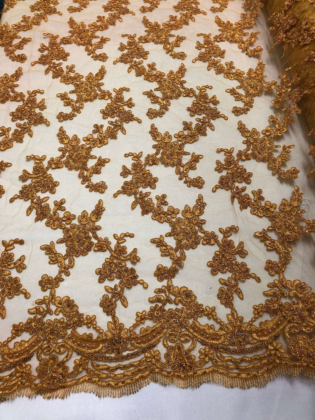 Beaded - Gold - Embroided Small Flower Fabric with Decorated Borders - Sold by The Yard