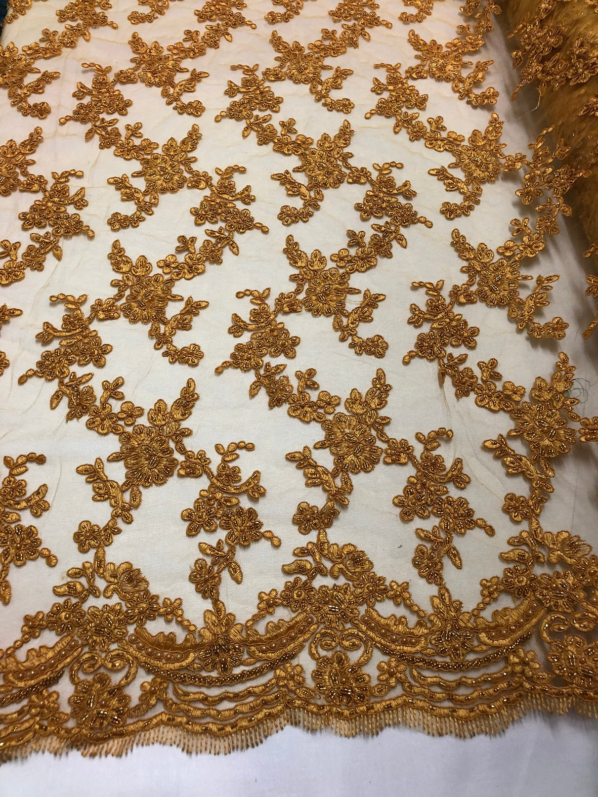 Beaded - Gold - Embroided Small Flower Fabric with Decorated Borders - Sold by The Yard