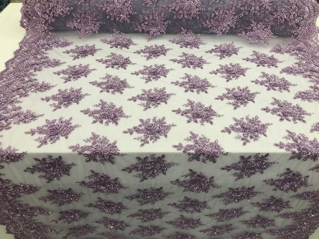 Lilac Hand Beaded Embroidered Floral Fabric Lace Bridal Wedding Designs By The Yard