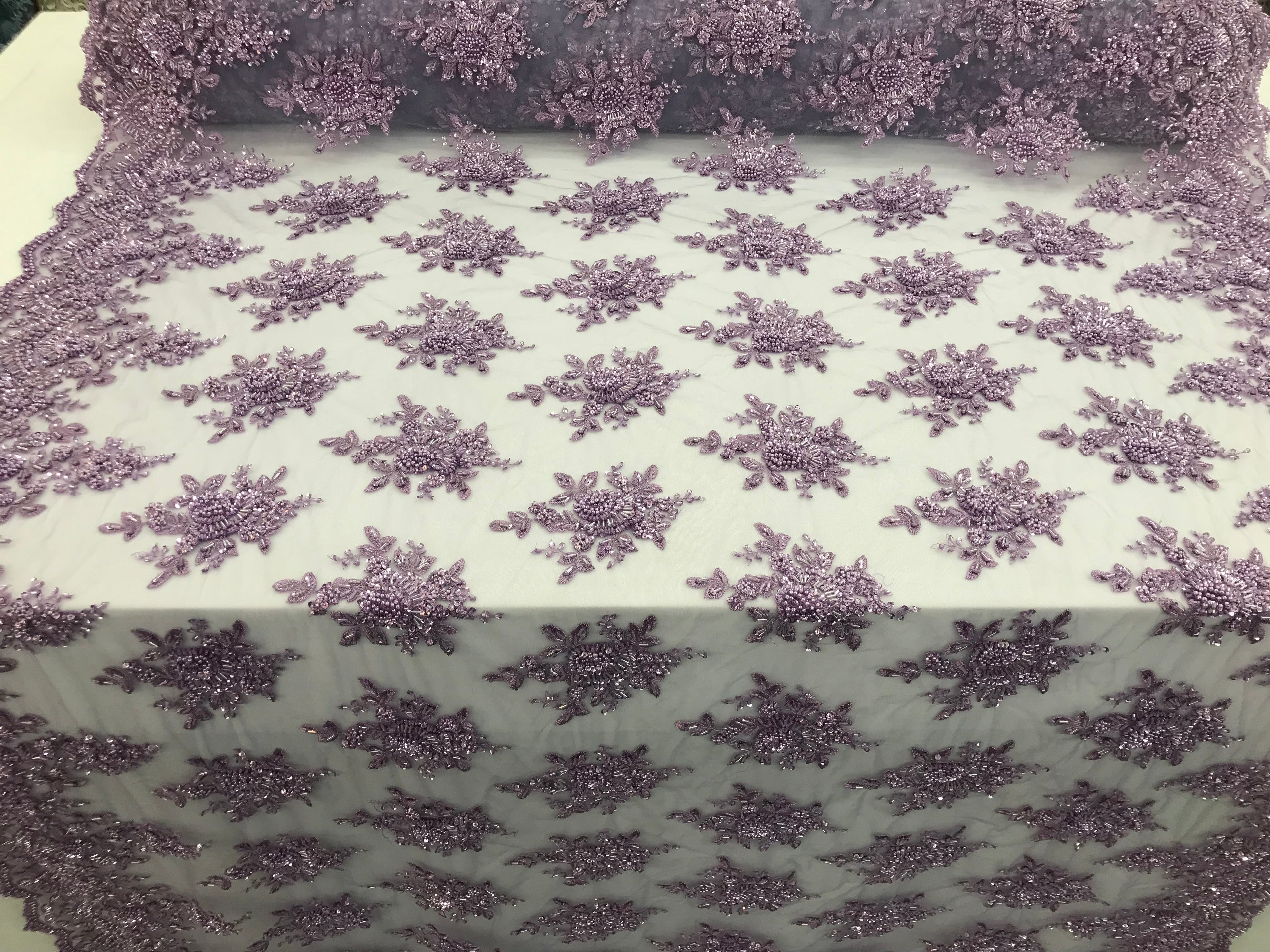 Lilac Hand Beaded Embroidered Floral Fabric Lace Bridal Wedding Designs By The Yard