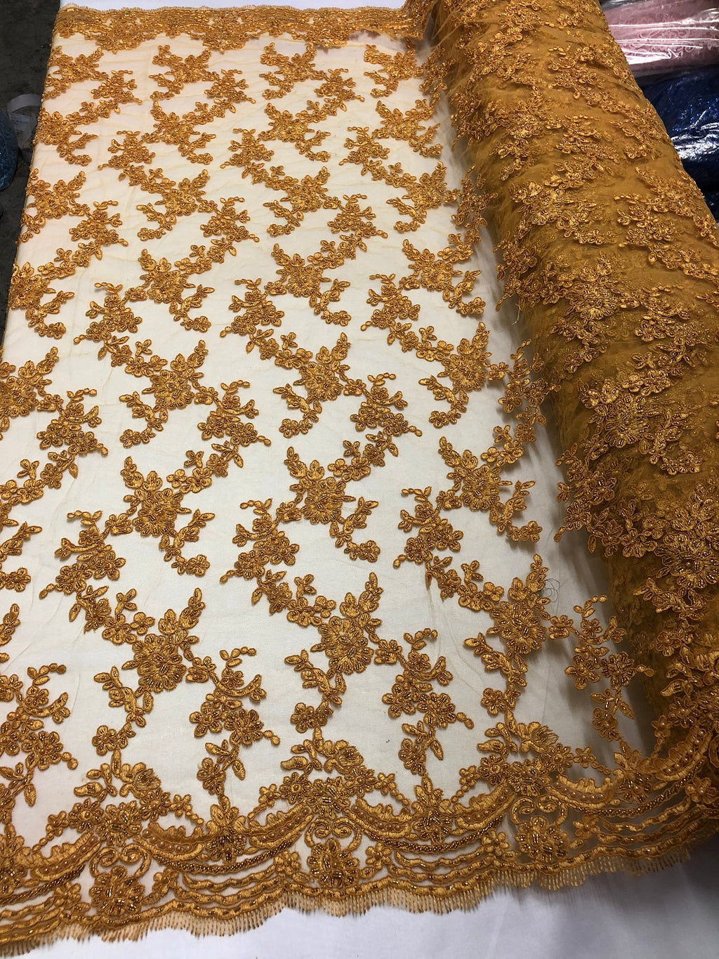 Beaded - Gold - Embroided Small Flower Fabric with Decorated Borders - Sold by The Yard