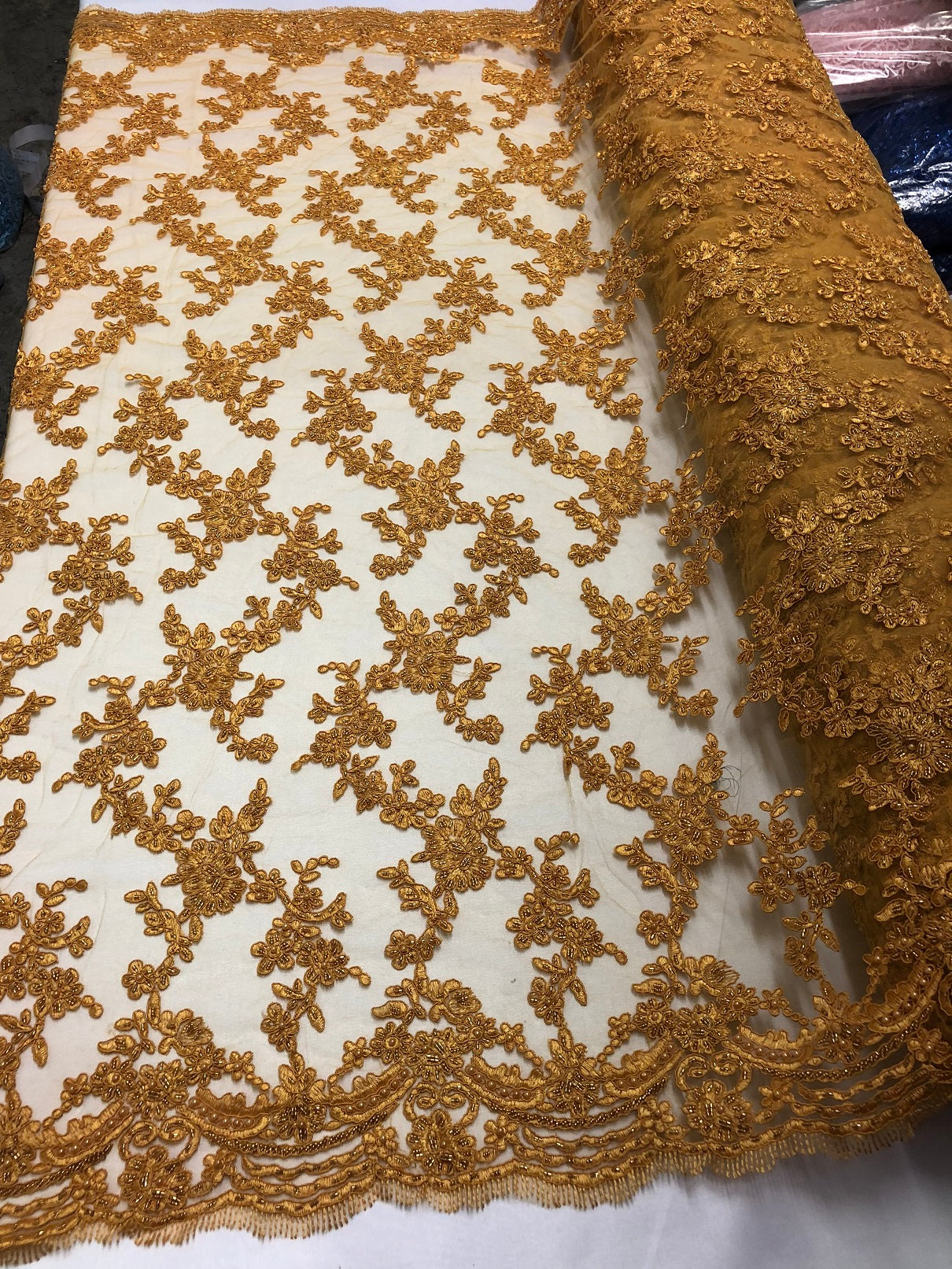 Beaded - Gold - Embroided Small Flower Fabric with Decorated Borders - Sold by The Yard