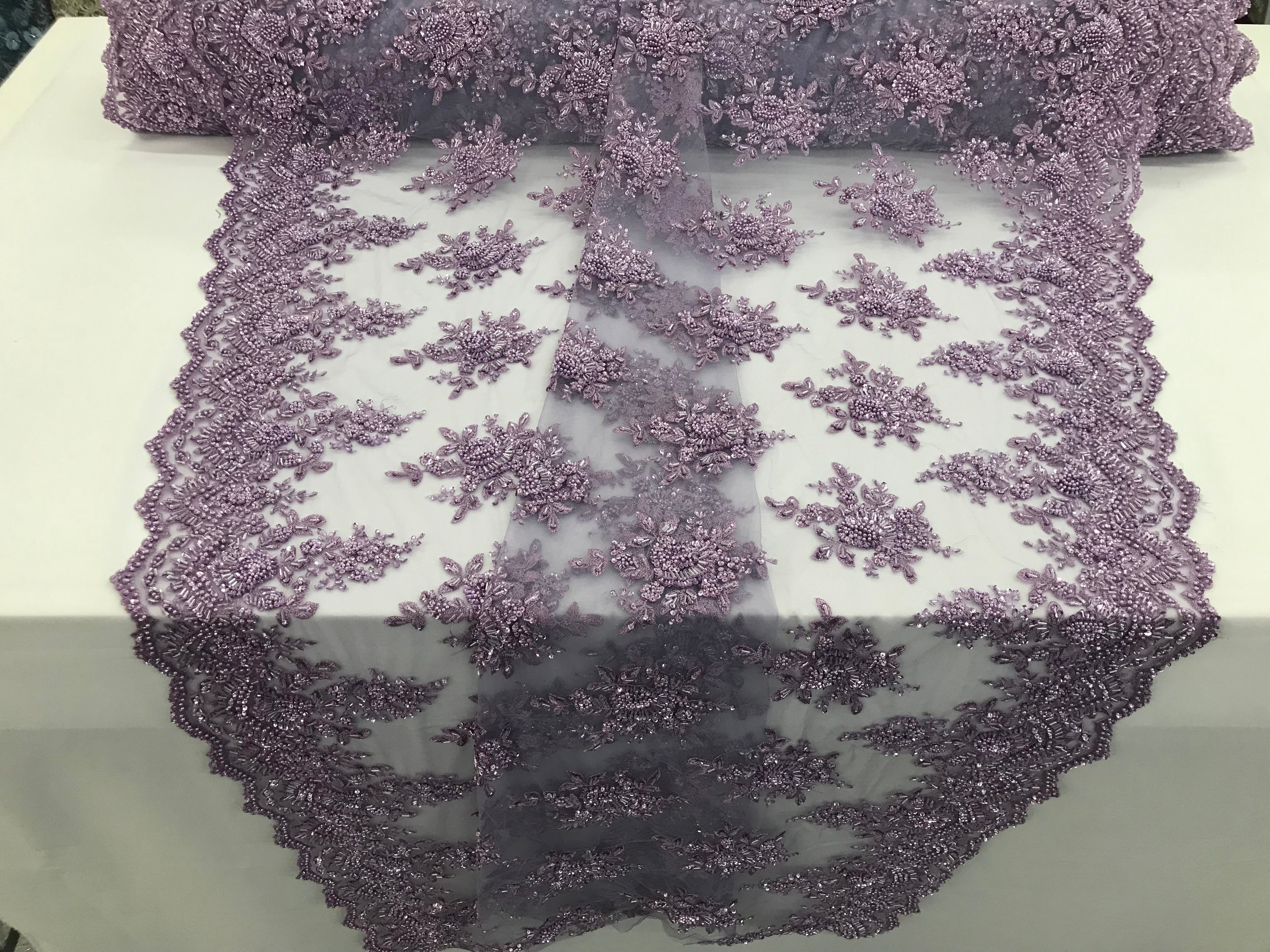 Lilac Hand Beaded Embroidered Floral Fabric Lace Bridal Wedding Designs By The Yard