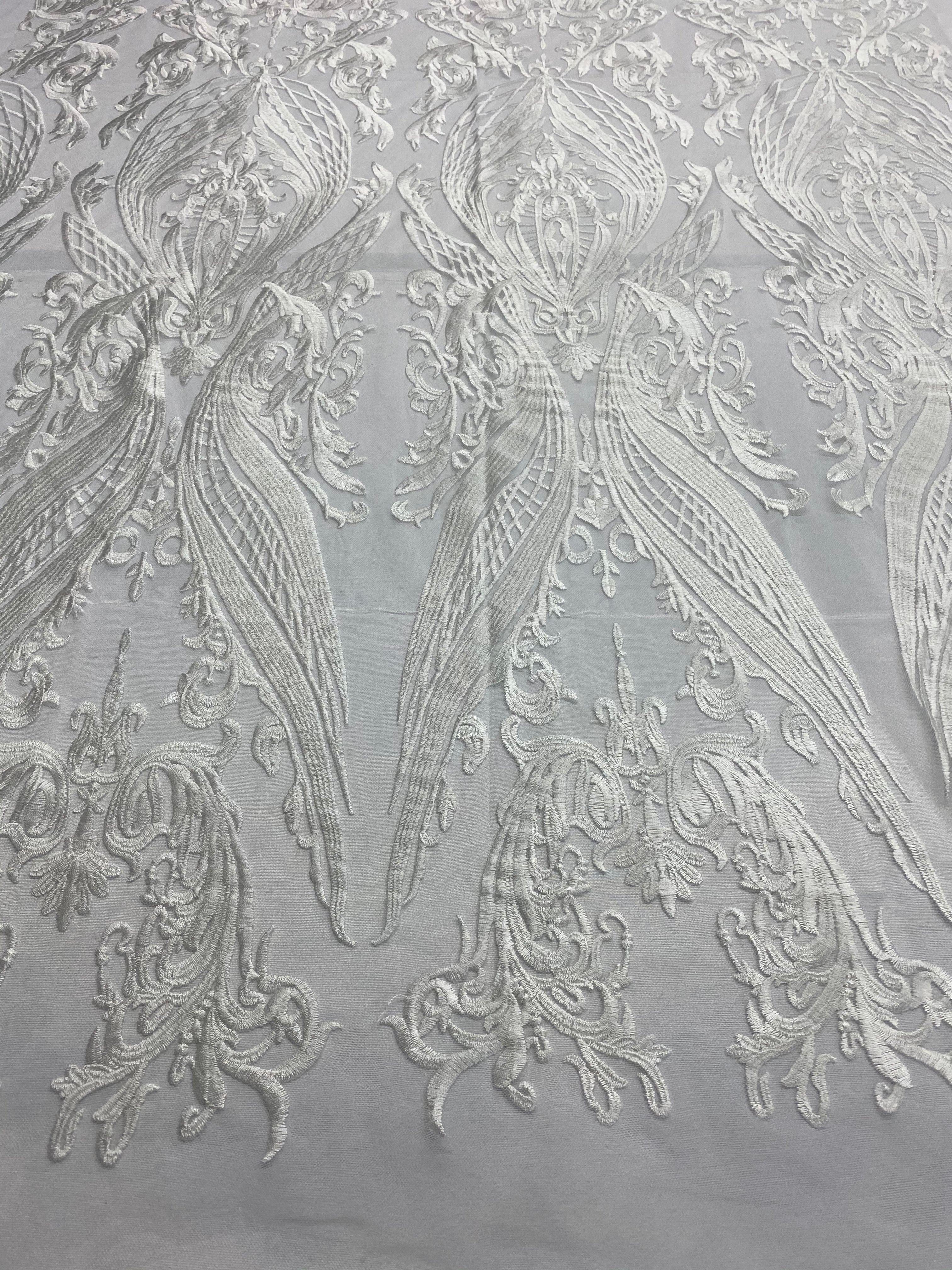 Lace Fabric - Ivory  - Fancy Damask Pattern Sequins Design Fashion Fabric